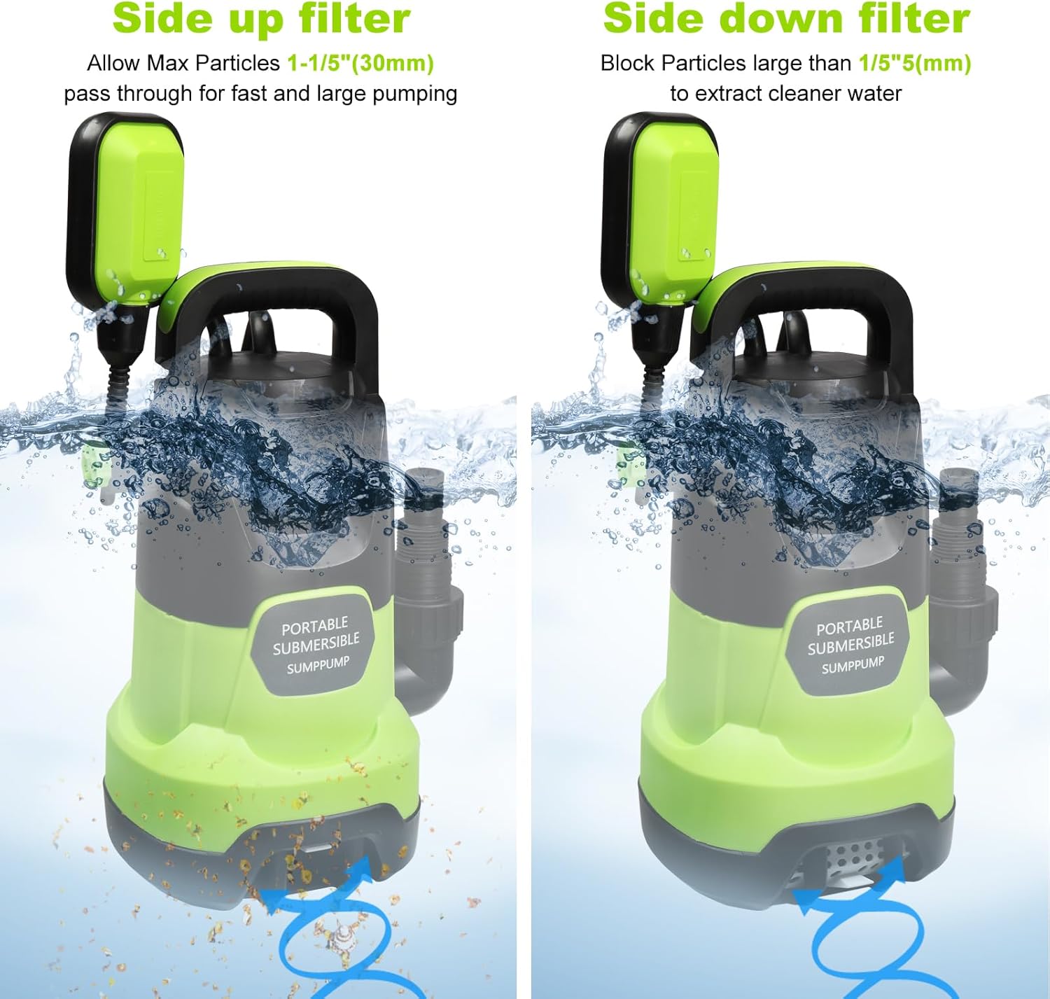 Winado Submersible Water Pump w/Auto Float Switch, 1HP 3600GPH Sump Pump, Clean Dirty Water Powerful Pump, 16 ft. Cord for Pool, Pond,Garden, Flooded Cellar, Aquarium & Irrigation (Green)
