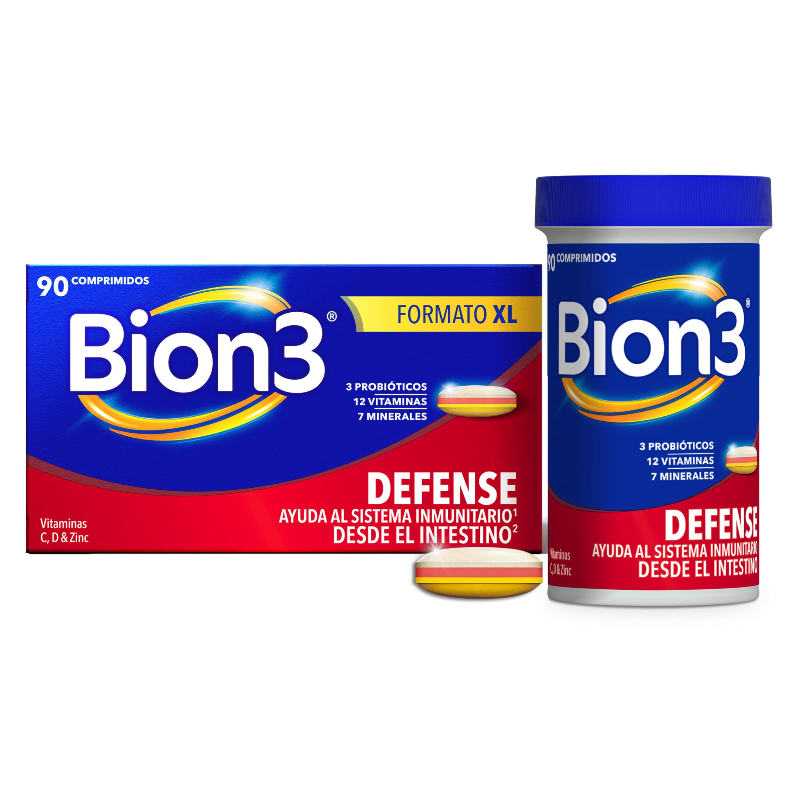 Bion3 Defense Comprimidos Multivitamínicos con Probióticos, Complemento Alimenticio para Ayudar al Sistema Inmunitario con Vitamina C, Vitamina D, Zinc y Hierro, 90 comprimidos, 3 meses de uso