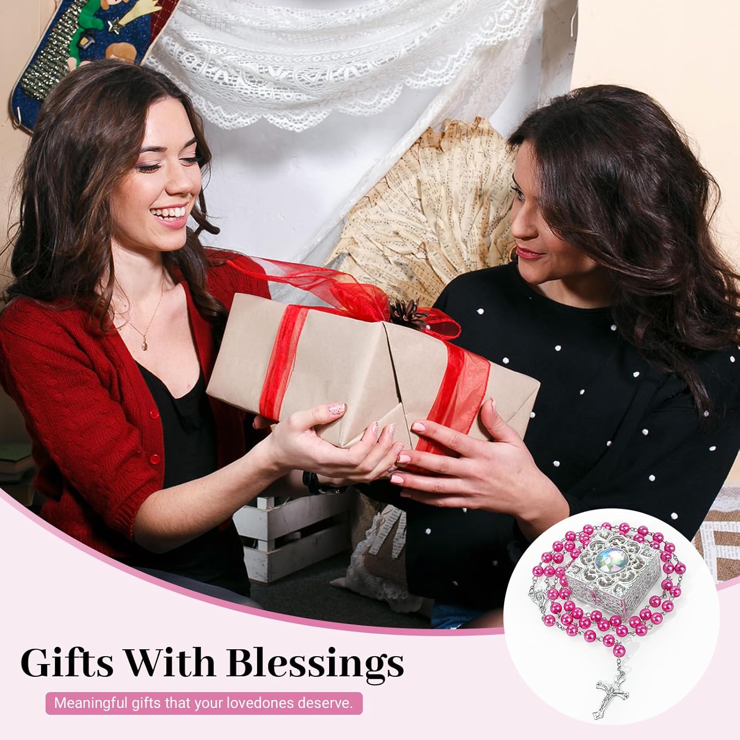 8mm Rosary Beads Necklace, Rosary Beads Catholic for Men and Women Comes in a Metal Gift Box, First Communion Rosary Necklace as Gifts(Rose) - Image 6