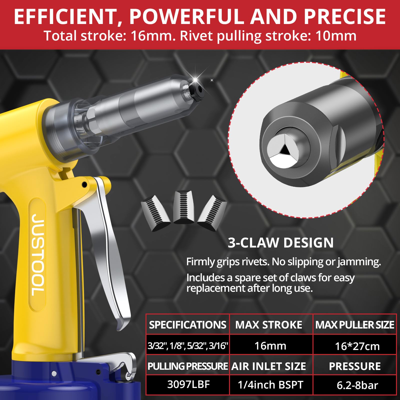 JUSTOOL Pneumatic Air Hydraulic Riveter 2.4-4.8mm 3/16" 3/32" 1/8" 5/32" Capacity 1408KGF Pulling Force Pop Riveter Air Rivet Gun for DIY Automotive Use - Image 2