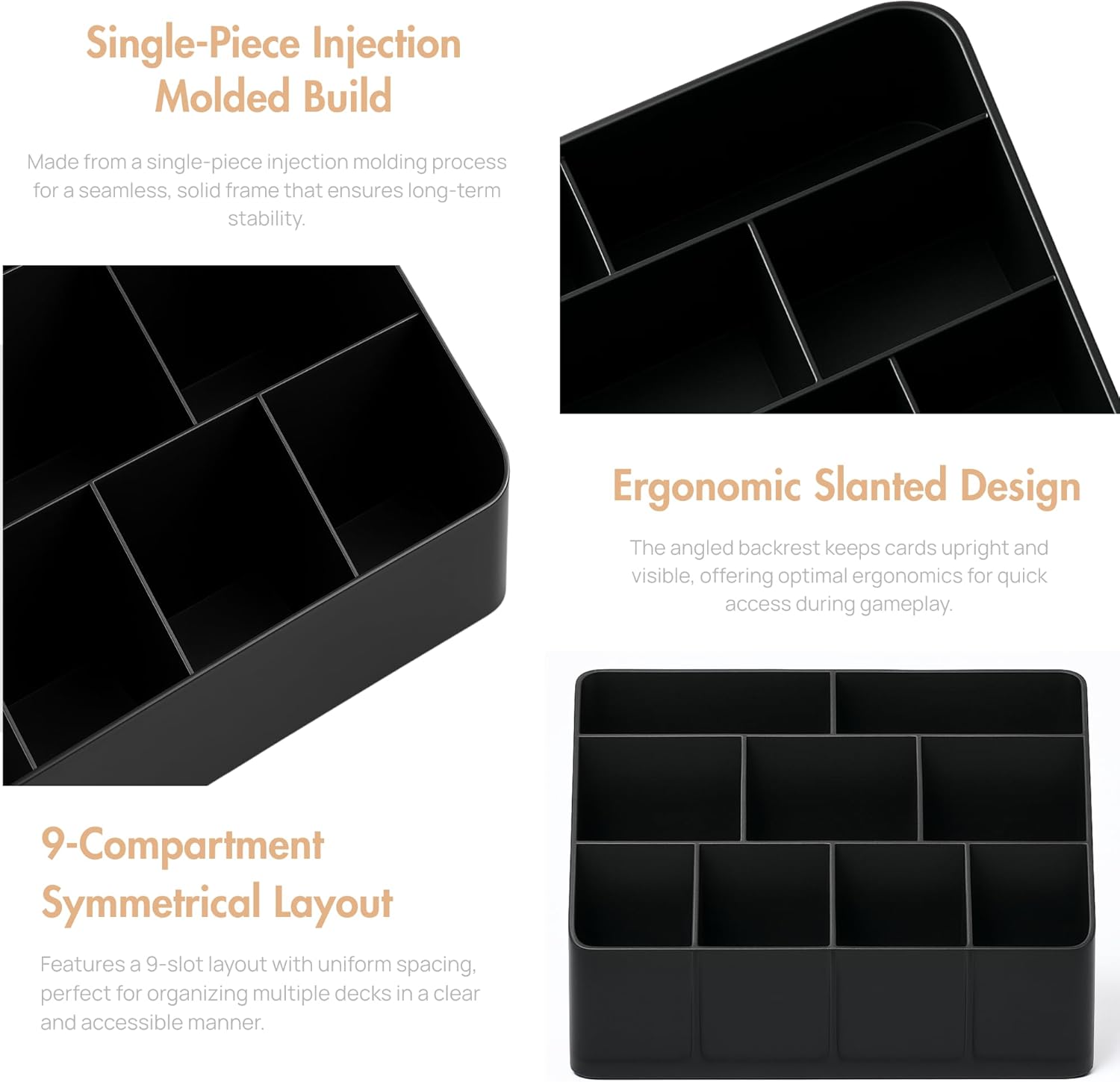American-Style Board Game Card Rack | 9-Compartment Plastic Deck Organizer for Board Games, TCGs, and RPGs (Black)