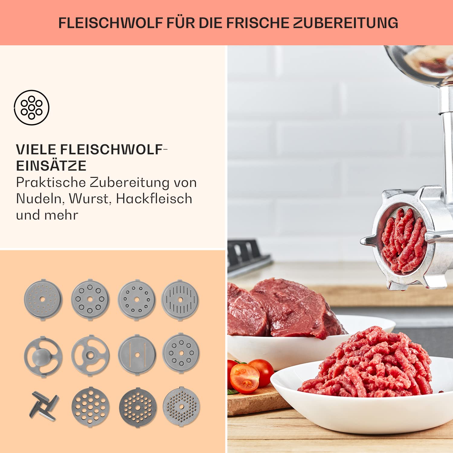 Klarstein Knetmaschine Küchenmaschine mit Fleischwolf, 1800W Teigmaschine Klein, 6 Stufen, Schneebesen Rühr- & Knethaken, Planetenrührwerk, Rührmaschine mit Mixer, Küchenmaschinen mit 5L Schüssel