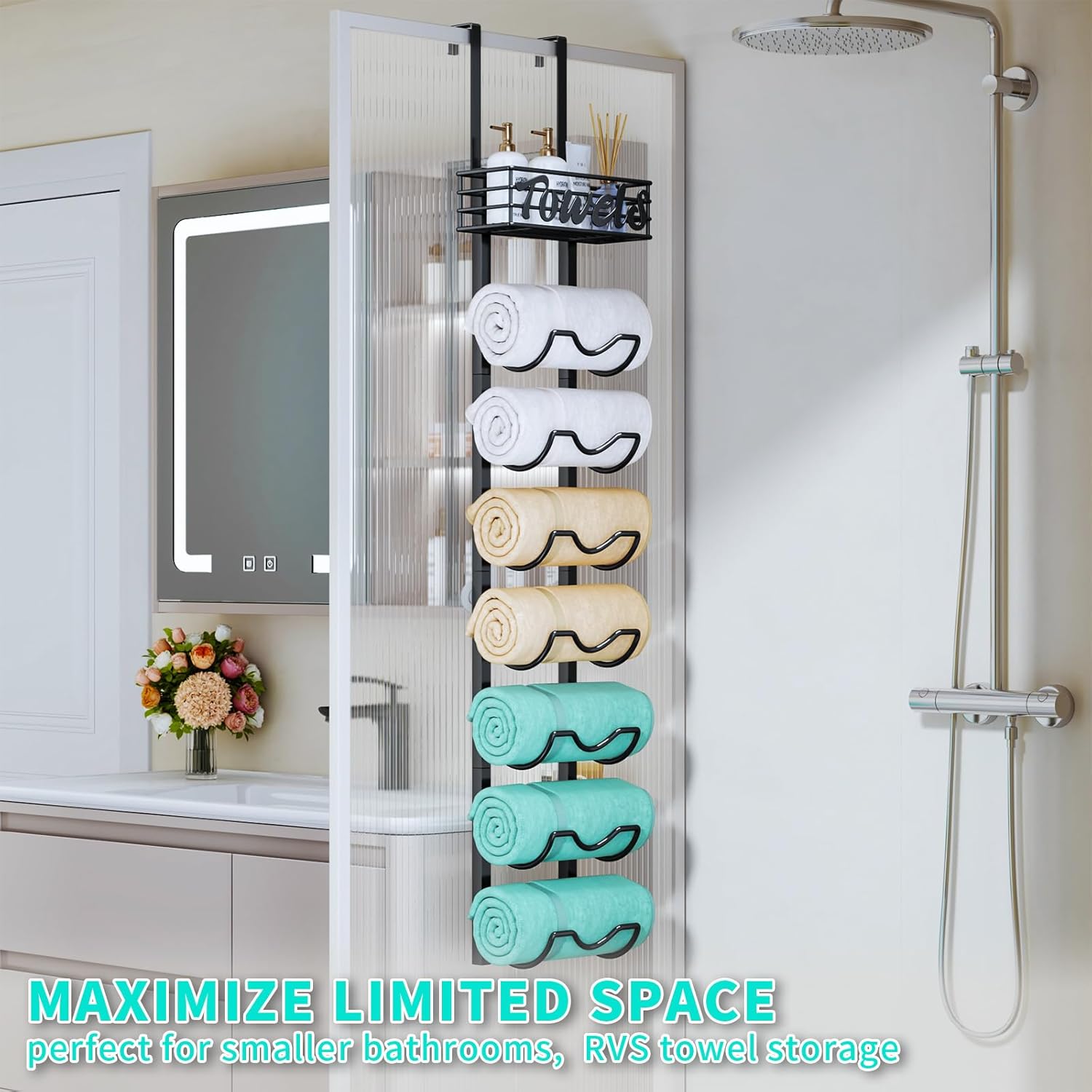 HapiRm Over The Door Towel Rack - 8 Tier Wall Mount Rolled Towel Holder Storage Organizer Shelf with Storage Basket for Small Bathroom, Rv, Camper - Black