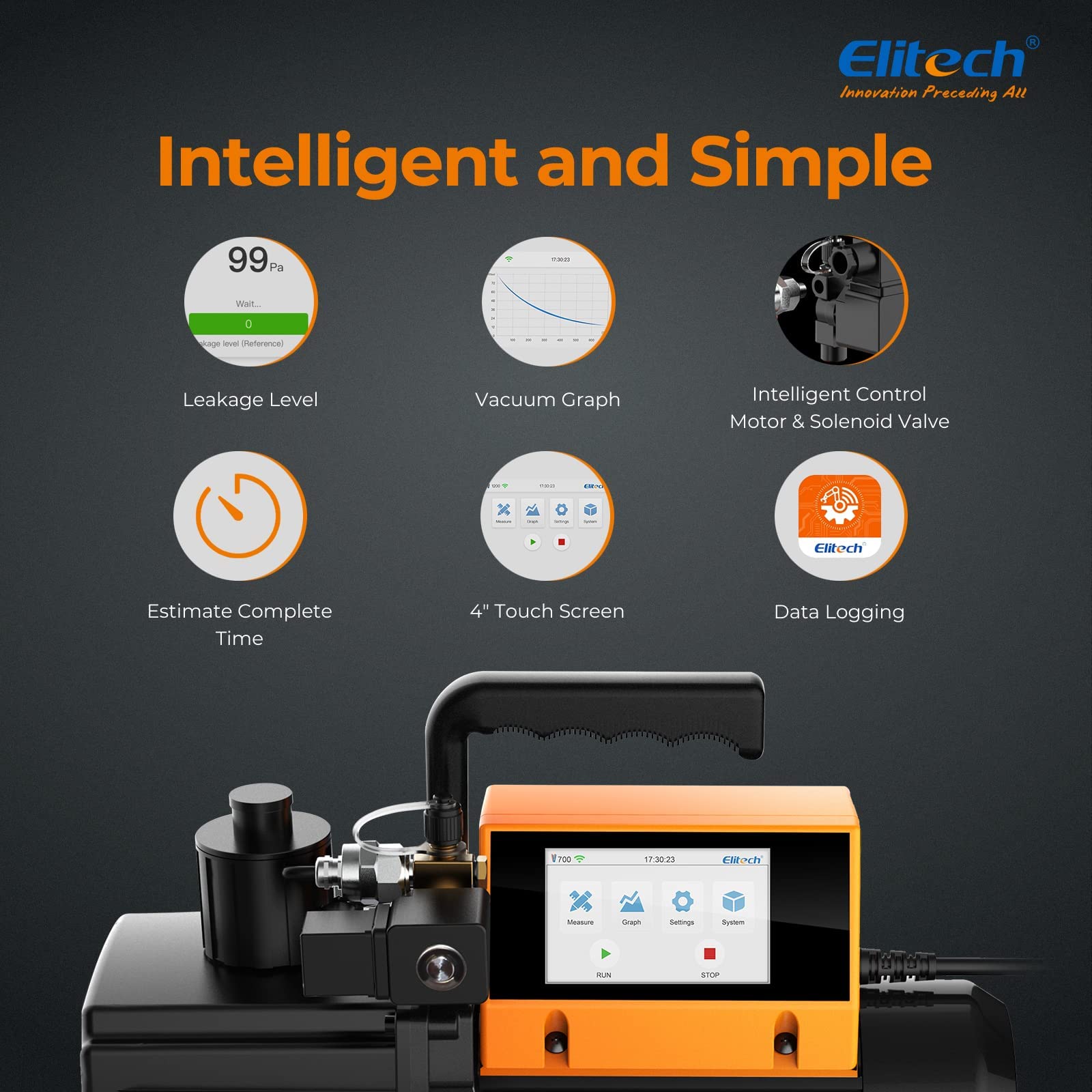 Elitech 5L/S Pompa Vuoto per Condizionatori con Manometro V1200 12 CFM, Pompa per Vuoto HVAC Intelligente con Monitoraggio Dati, Controllo App e Rilevamento Perdite (senza Olio)