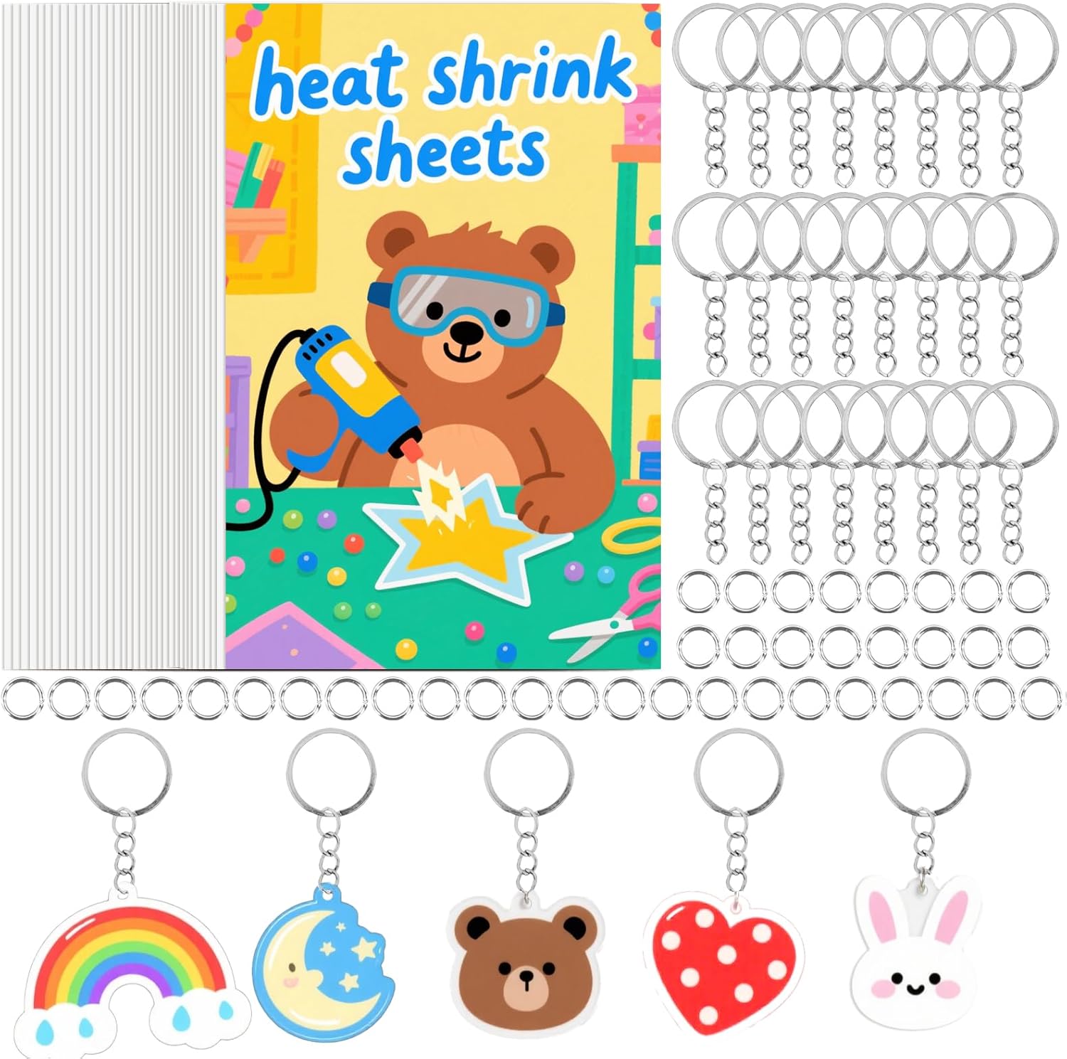 LECEHIVO 40 Pcs Shrink Plastic Sheets DIY Handprint Keychains Shrinky Art with 40 Keychain and 120 Jump Rings Shrink Films Papers for Kids Mother’s Father’s Day Gifts