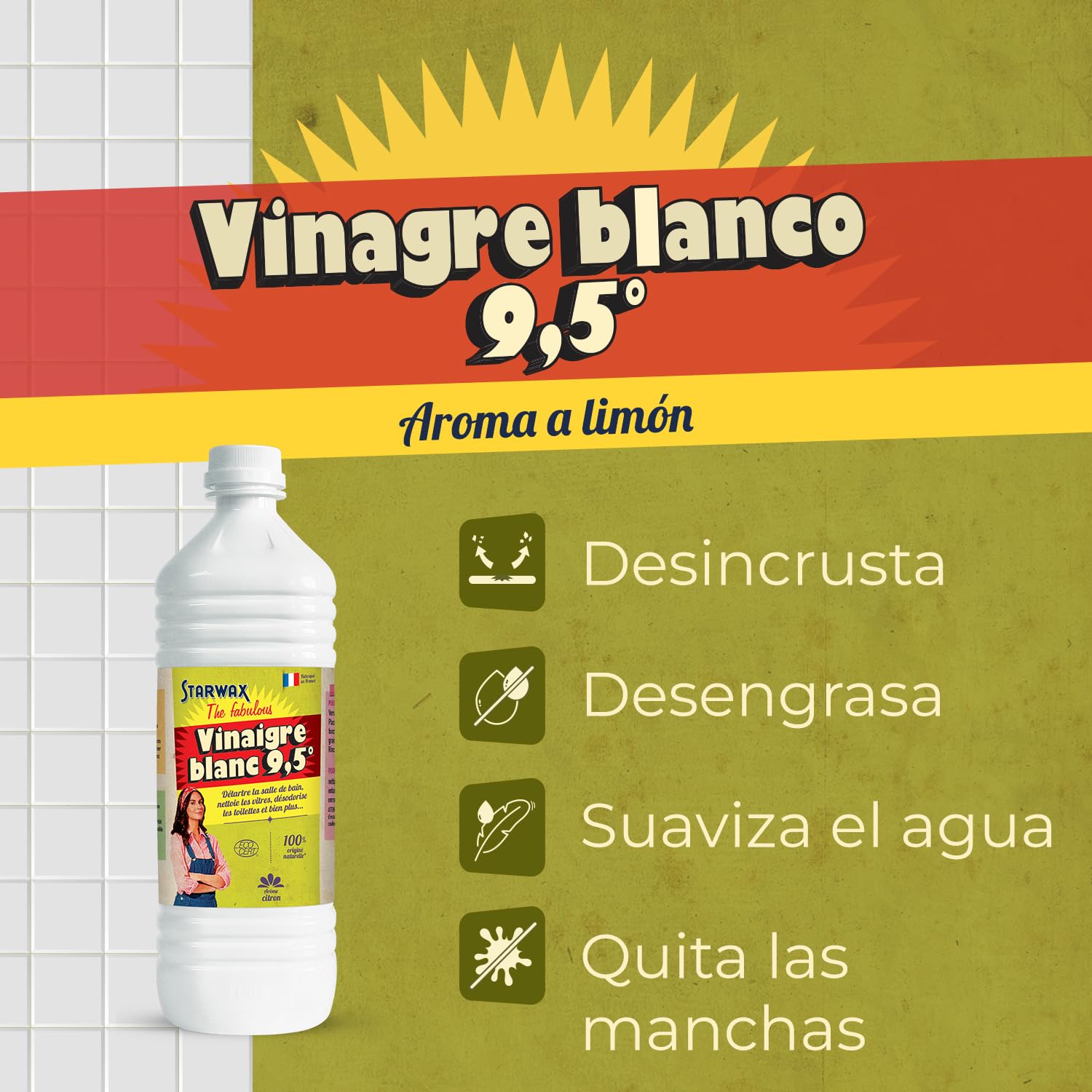 STARWAX THE FABULOUS Vinagre Blanco 14° Muy Concentrado 1L Elimina Cal Limpia Abrillanta 100% Natural