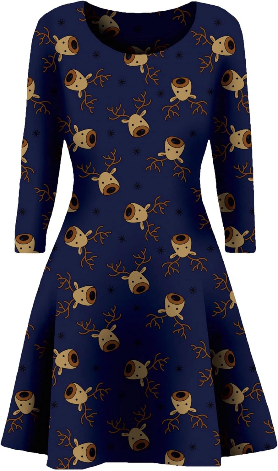 Womens Christmas Party Dress Snowman Swing Dress Novelty Printed Skater Xmas Dress Secret Santa Gift US Size 4-22
