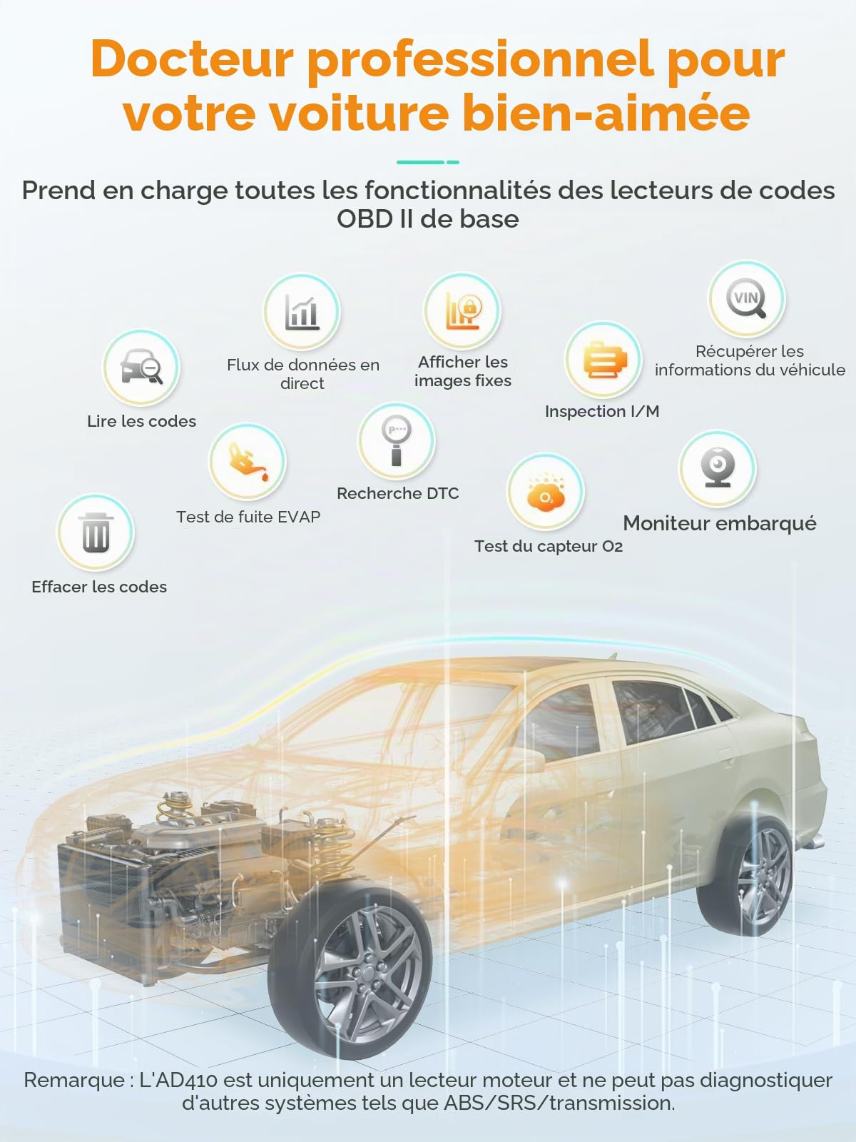 Ancel AD410 Lecteur OBD2 Valise Diagnostic Auto Multimarque, Amélioré OBD2 Diagnostic Français, Lecteur de Code d'erreur de Moteur, Diagnostic Voiture,pour Toutes Les Voitures OBDII après 2002