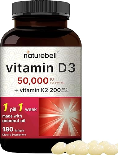 NatureBell Vitamina D3 50,000 UI + K2 200 mcg, 180 cápsulas blandas  Fórmula una vez a la semana con aceite de coco  Máxima fuerza ósea, corazón e