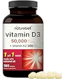 NatureBell Vitamin D3 50,000 IU + K2 200 mcg, 180 Softgels | Once-Weekly Formula with Coconut Oil | Max Strength Bone, Heart & Immune Support | MK-7 Form | Non-GMO