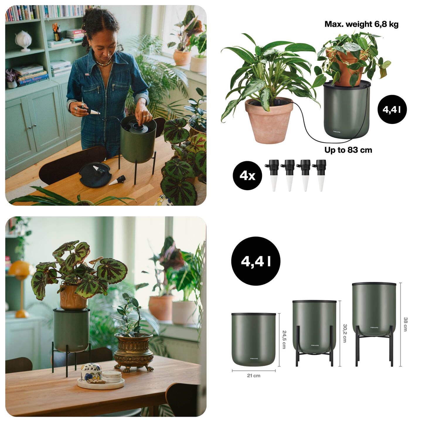 Fiskars Urban Plant Care Sistema di Auto-Irrigazione | Irrigazione Automatica delle Piante, Acciaio Verniciato a Polvere, Verde Scuro/Nero, 1075319