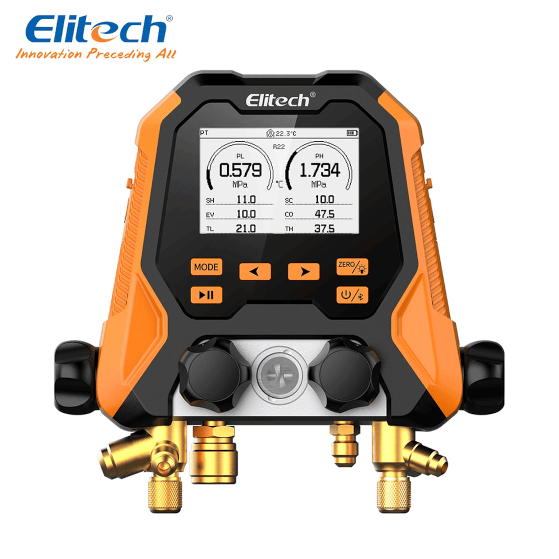 Elitech MS-870S Manometro Digitale Smart a 4 Vie, Gruppo Manometrico Bluetooth per Condizionamento, 140+ Refrigeranti, Kit Misurazione Temperatura/Pressione/Vuoto con Tubi e Pinze in Valigetta