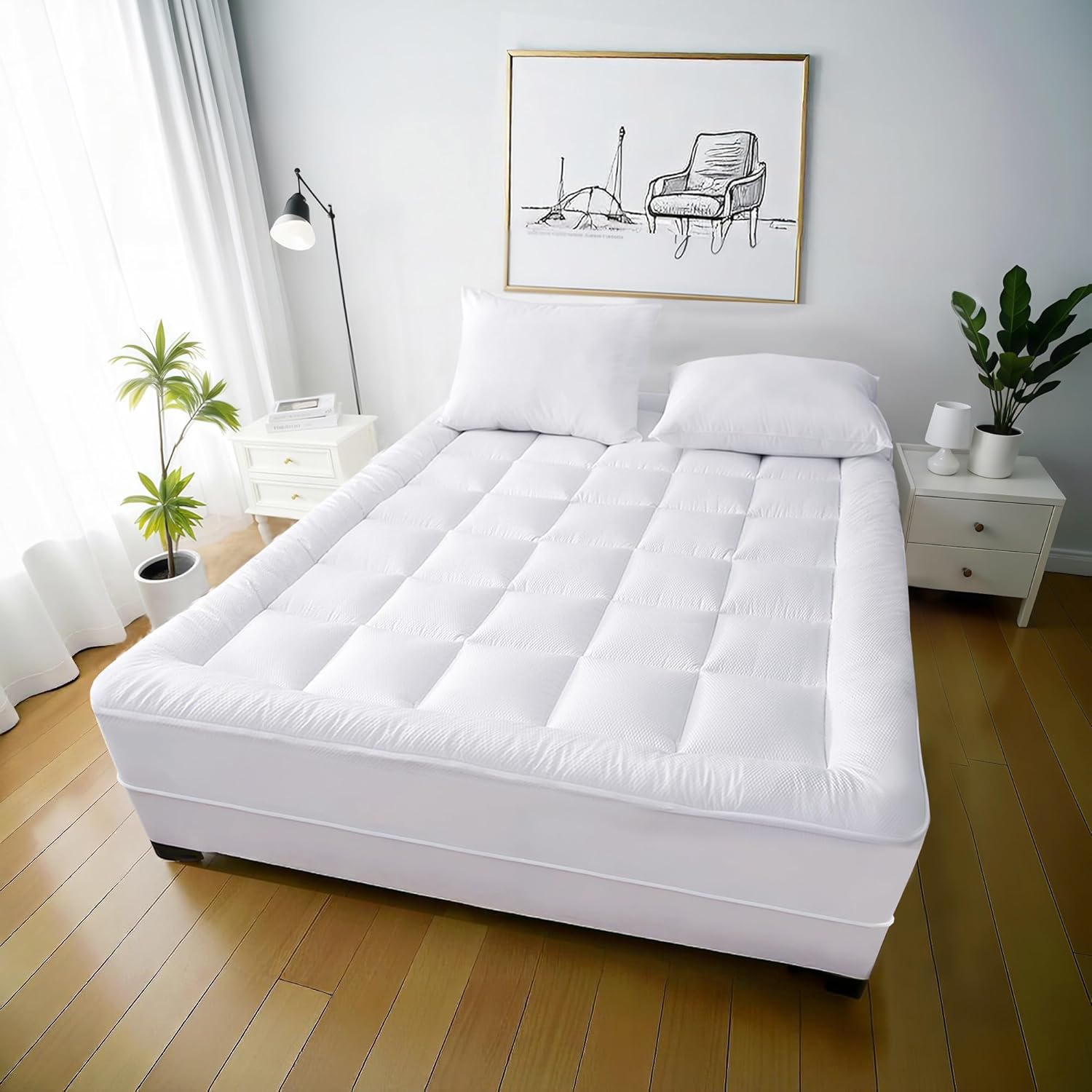 Plush Cooling Mattress Pad Pillow Top Mattress Cover Protector - Soft for Breathable Padded Fitted 8"-21" Deep Pocket Supportive (Queen Size)