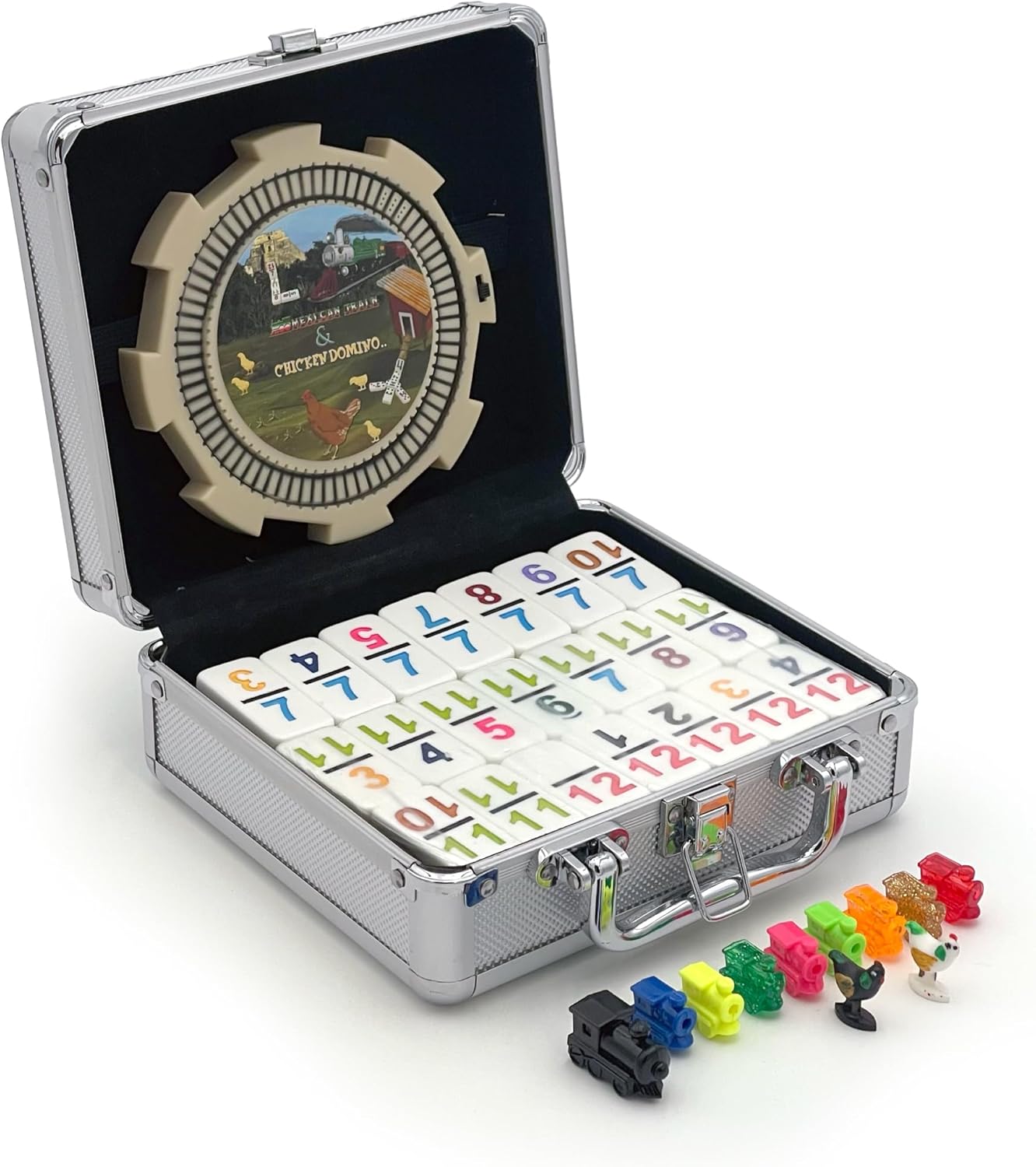 CHH Double 12 Numeral Pro Size Mexican Train & Chicken Domino Set – Aluminum Carrying Case – Complete Set with Plastic Hub, Train Markers, and Chicken Foot Markers