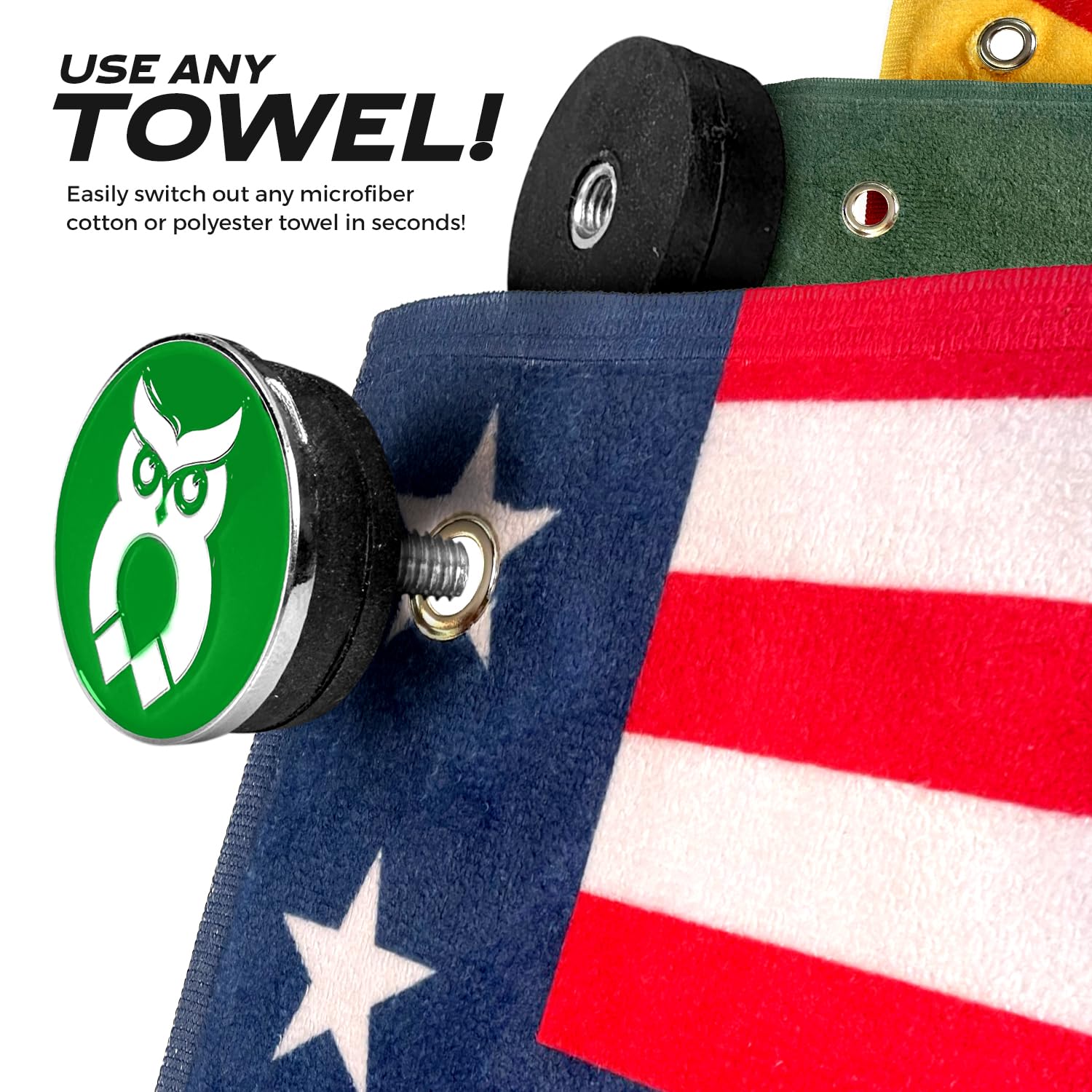 MagnetOwl Magnetic Golf Towel Clip (Turn Any Towel Magnetic) - with Removable Ball Marker and Waffle Towel - Highest Strength Magnet - Removable and Reusable Golf Towel Magnet (Green)