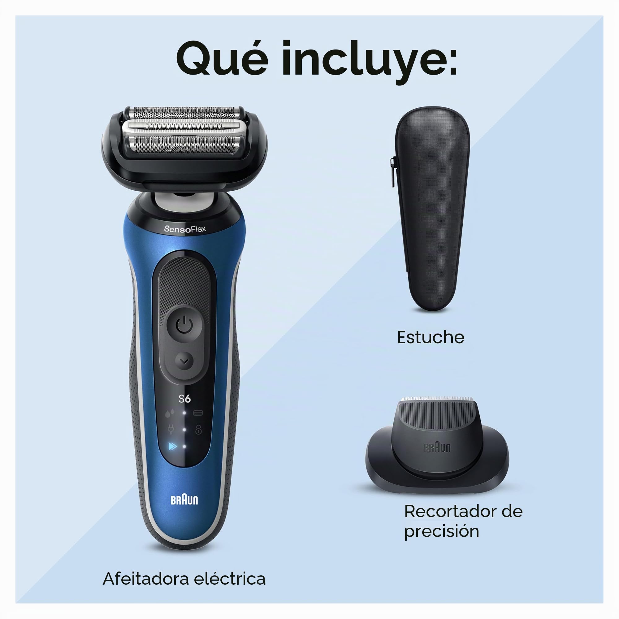 Braun Afeitadora eléctrica para hombre, serie 6 6120s, afeitado en seco y húmedo, modo turbo y delicado, con recortador de precisión y estuche, azul