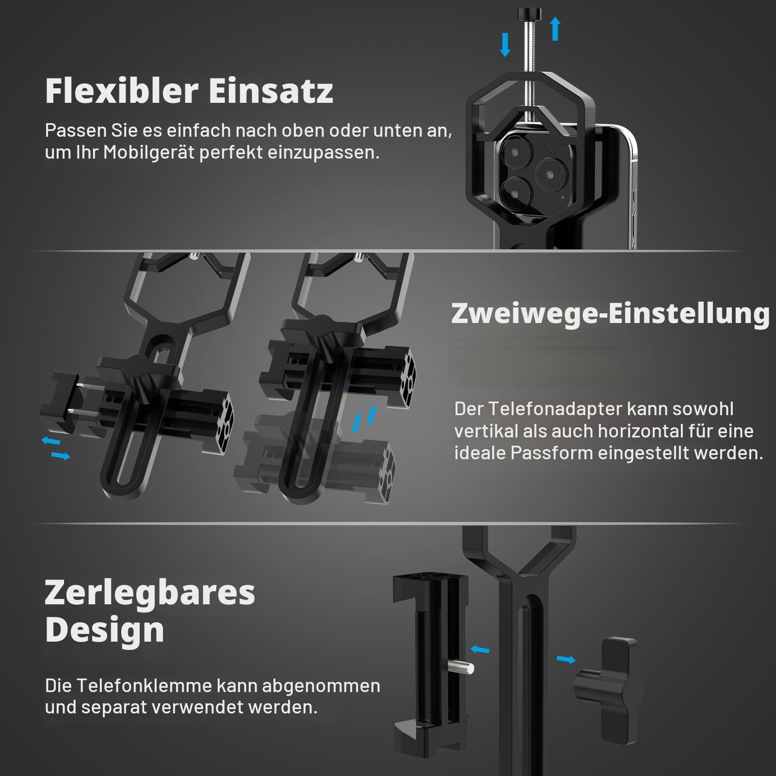 Spektiv Handy Adapter - Telefon-Zielfernrohrhalterung für Telefon (53mm to 90mm) Telefonhalterung für Teleskop, Fernglas, Mikroskop, für Okulare mit einem Durchmesser von (24mm to 52mm)