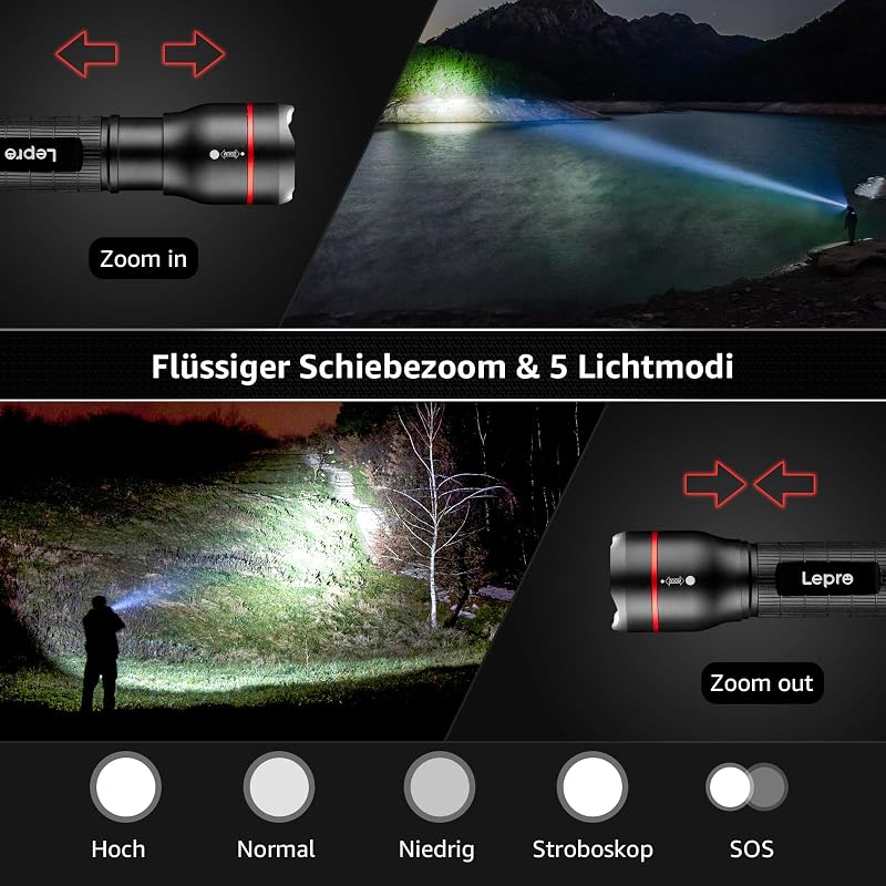 Lepro LE2050 LED Zseblámpa 300 Lumen - Zoomolható, 5 Üzemmódú, Vízálló Elemlámpa Csipesszel - Kempingezéshez, Túrázáshoz, Vészhelyzetekre