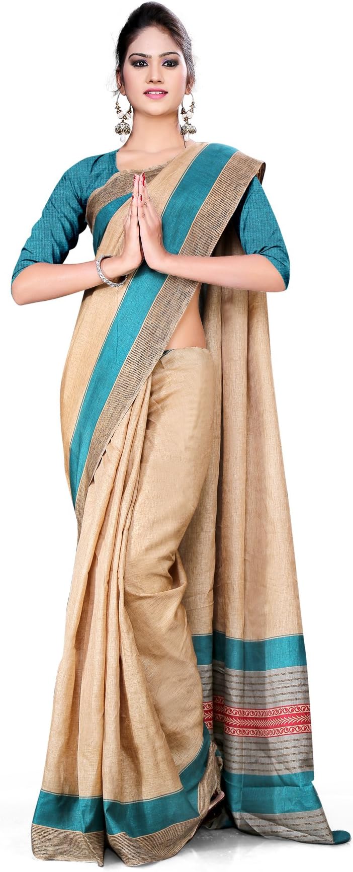 Uniform Sarees Corp Women's Plain Border Polycotton CotFeel Factory Uniform Saree With Blouse (Beige Green)