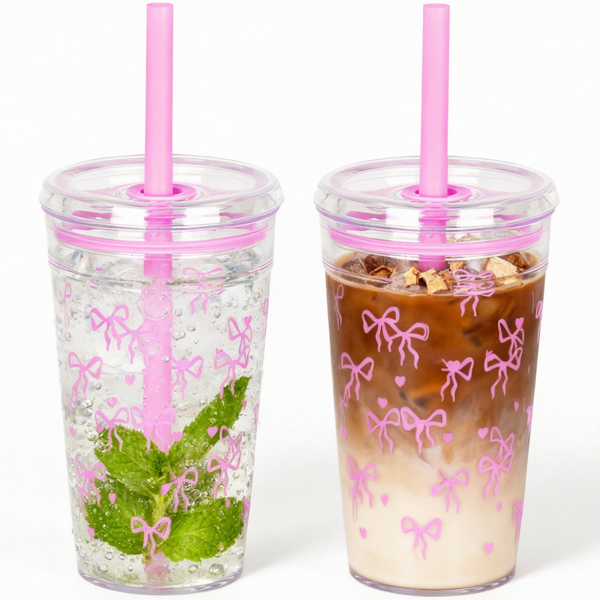 Yisituo 450ml Reusable Iced Coffee Cup, 2 Pack Clear Plastic Cups with Lids and Straws, Cold Cup, for Hot and Cold Drinks (2, Rose Butterfly)