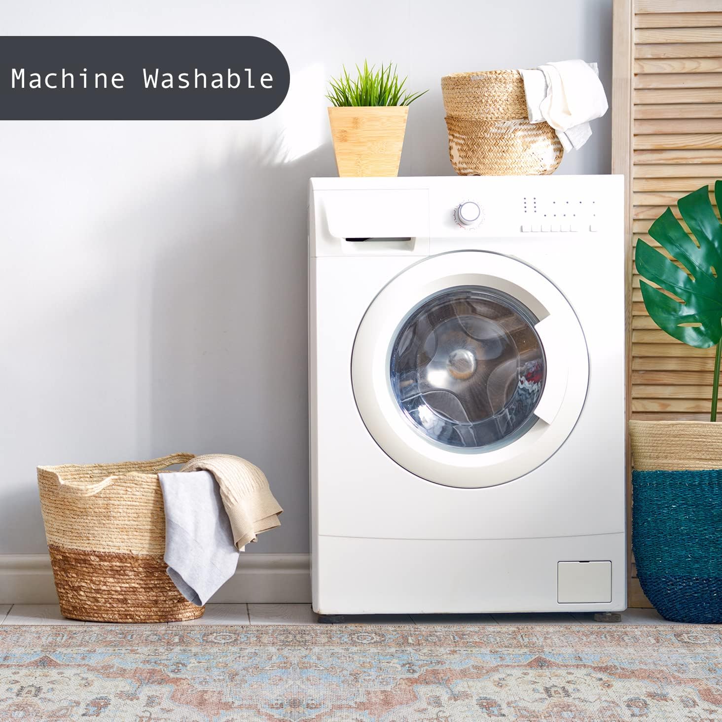 GLN Rugs Vintage Collection - Machine Washable Area Rug, Vintage Washable, Non Slip, Low Pile Rug, Living Room, Bedroom, Bathroom Rug - Easy Clean (2'x3' Sky/Terra)