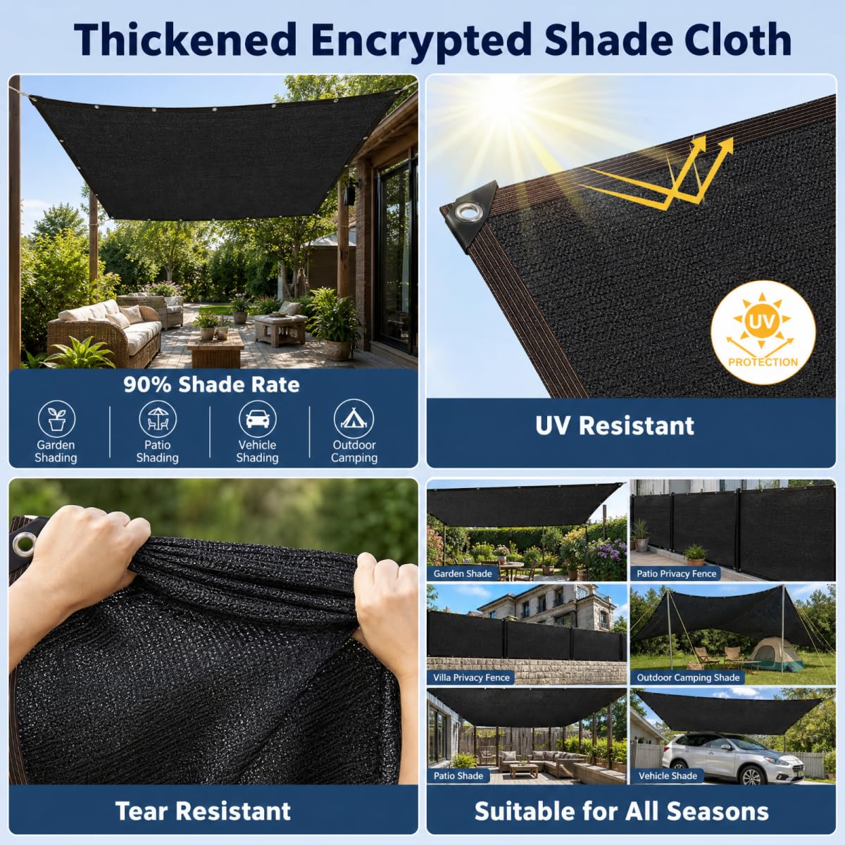2 x 5.5M Malla AntiUV con Ojales Metálicos, Tela Sombreadora Color Negro, Protección Solar para Jardín, Pérgola, Plantas de Patio, Invernadero y Uso Exterior.