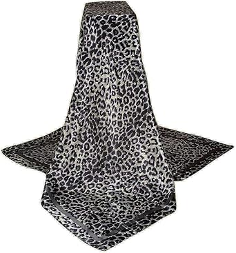 Large Square Black White Silver Grey Snow Leopard Cheetah Animal Print Polyester Silk Scarf Womens Scarves Hijab Shawl Pashmina Headband Bandana 36" x 36" inches 3 Feet! Square