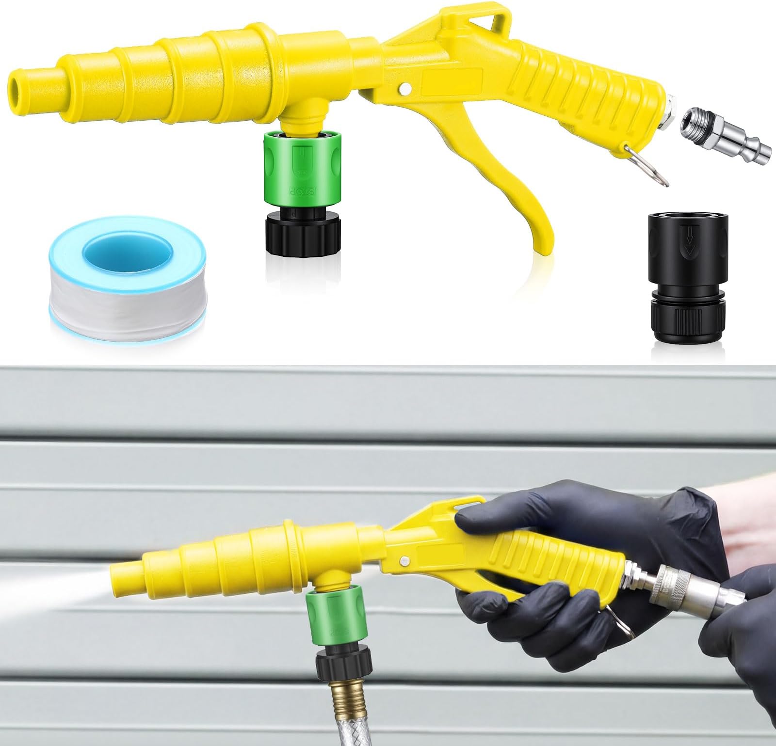 Coolant System Flush Gun, Lever Action Heater Core Flush Kit, Radiator/Cooling System Flusher, Air and Water Combo Flushing Set with Nozzles for 19-40 mm Hoses (Yellow)