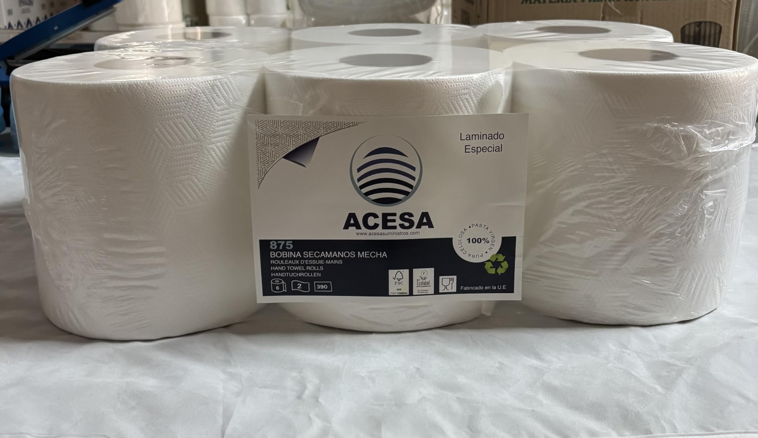 ACESA - Bobina Papel Precortado Doble Capa 6 unidades de 800gr - Rollos de Papel Industrial de Pasta Virgen 100% - Papel Industrial de Pasta Virgen - 6 Bobinas de Papel Industrial de celulosa Blanco