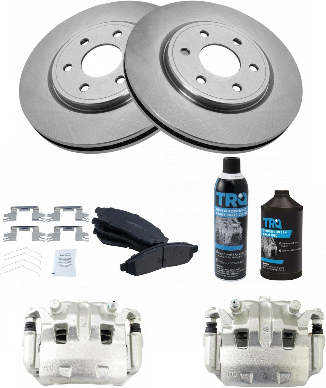 TRQ Front Brake Pad & Rotor Kit Brake Caliper Brake Chemical Kit Brake Pads Brake Rotor Ceramic Vented Compatible with 2005-2018 Nissan Frontier 2005-2012 Pathfinder 2005-2015 Xterra