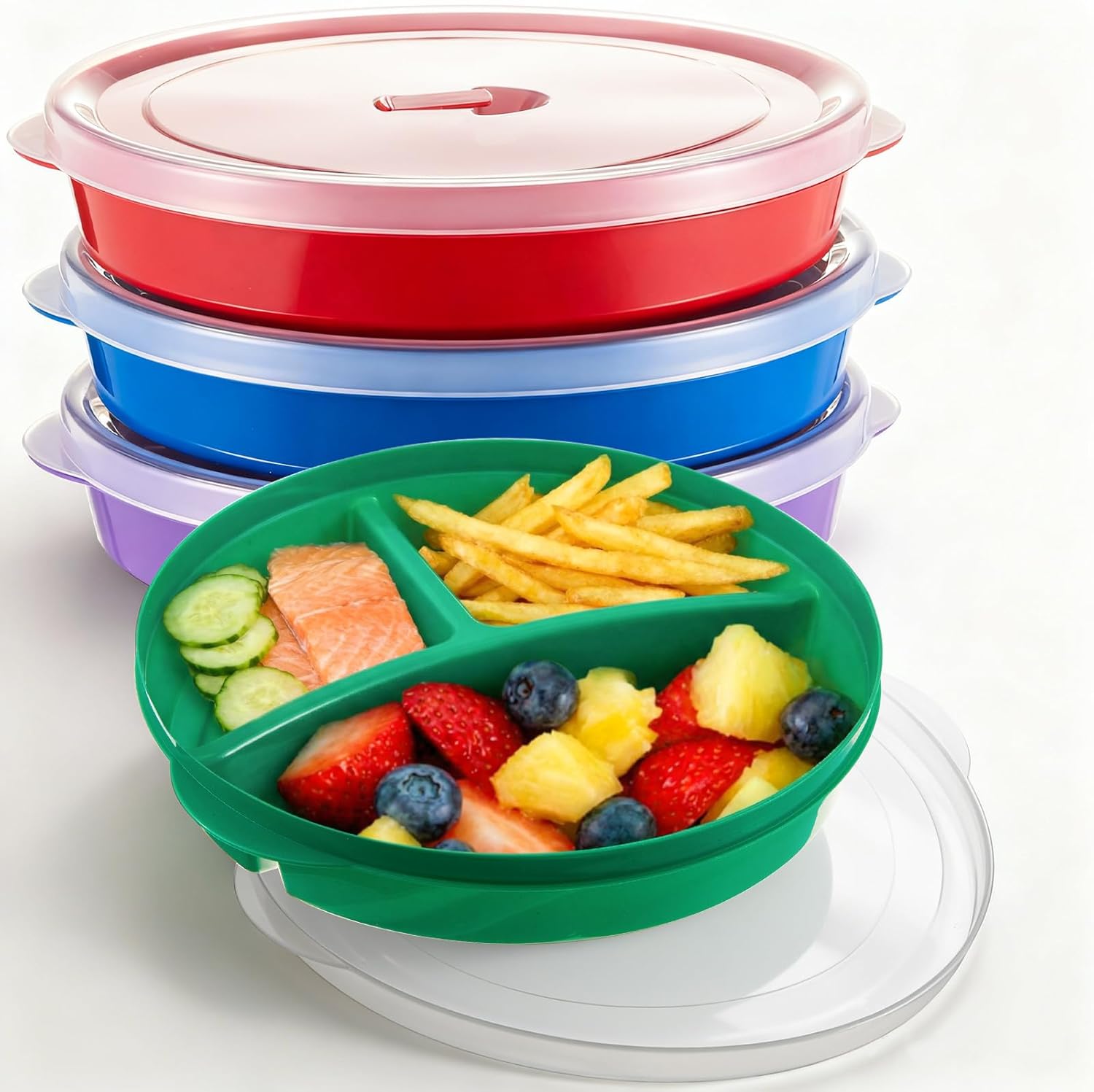 Hushee 4 Pcs Microwave Food Storage Tray Containers with Ventilation Lids 3 Compartment Divided Plates Portion Plate Fits Microwave Fridge (Round,Mixed Colors,10 x 9.2 x 1.85 Inch)