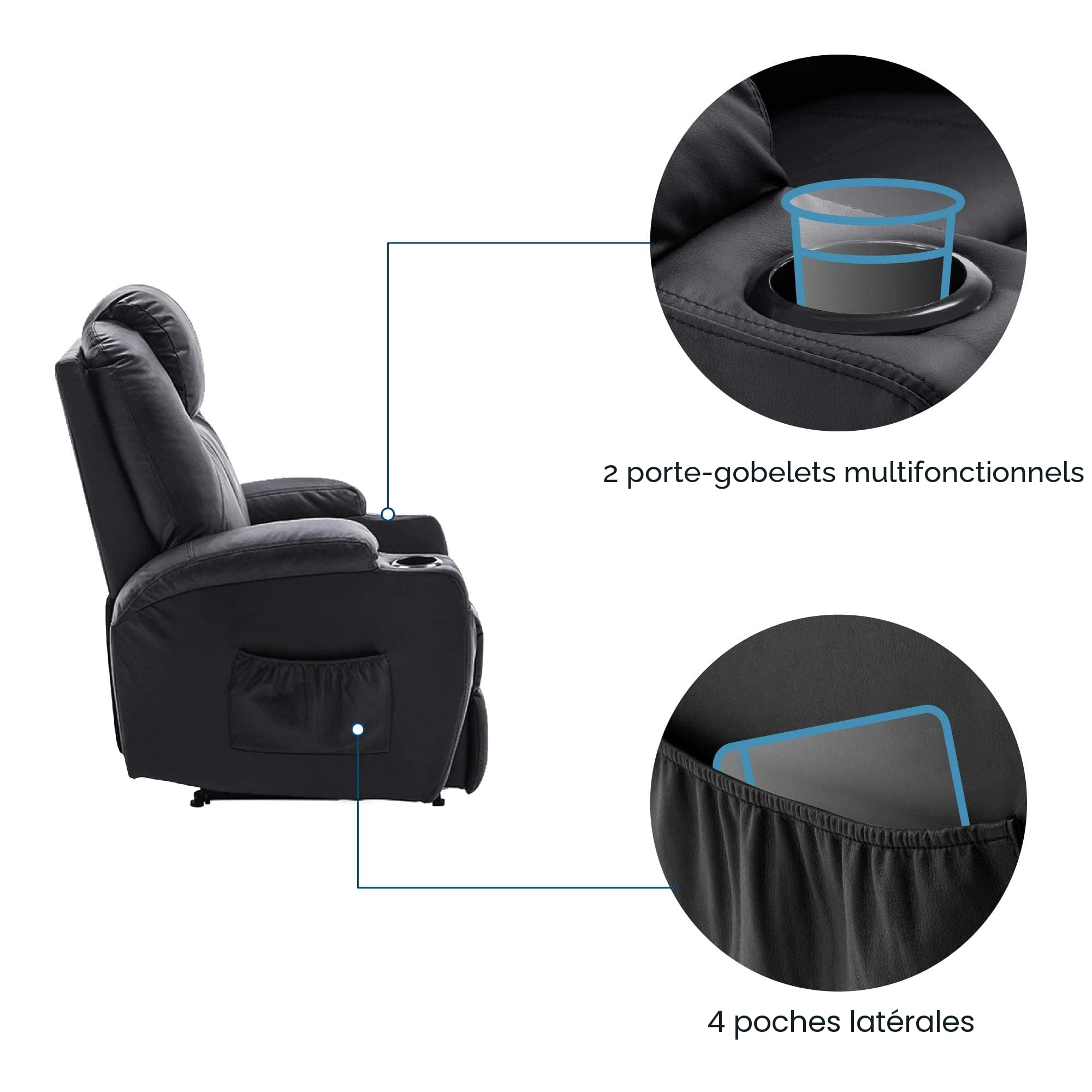 M MCombo Fauteuil de Relaxation électrique Fauteuil de Massage Fauteuil TV Fonction inclinable Chauffage par Vibrations Nouveau modèle 7061 (Similicuir, Noir)