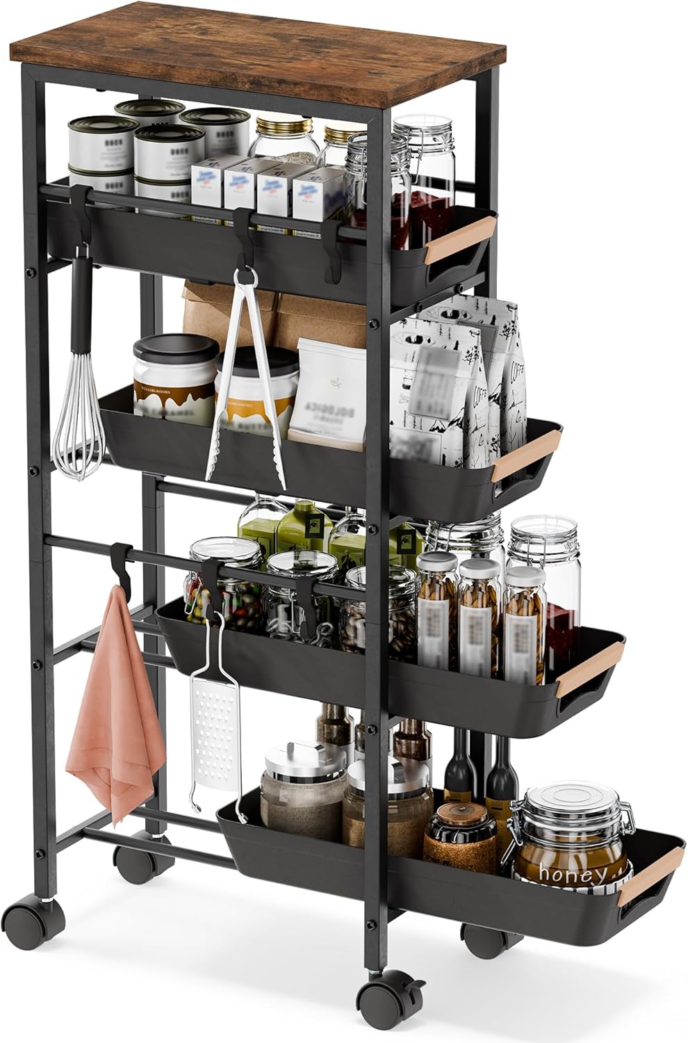 5-Tier Slim Storage Cart with Pull-Out Baskets, Utility Small Rolling Carts with Wooden Top & Hooks, Kitchen Cart Organizers for Storage in Narrow Spaces of Bathroom, Laundry & Bedside, Black