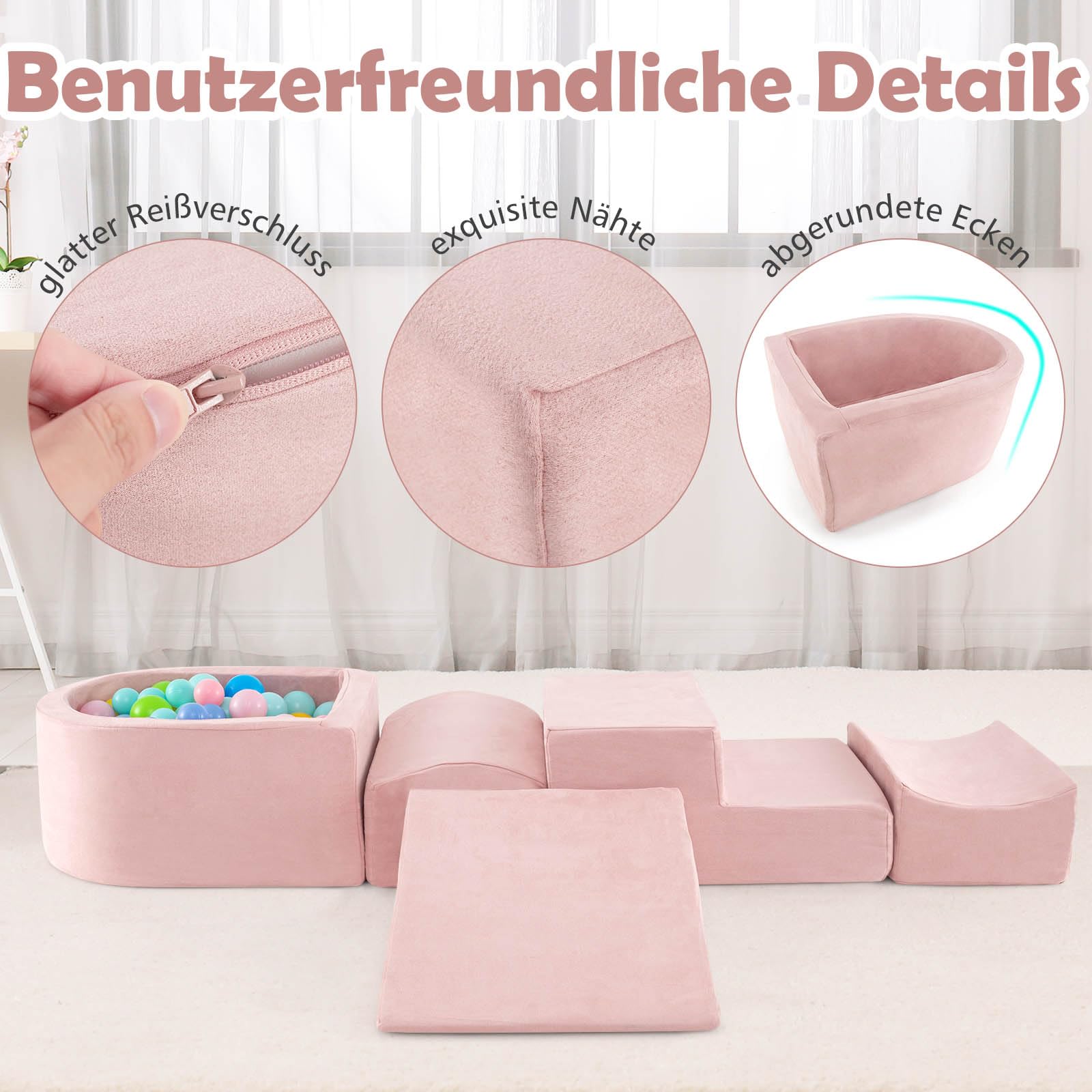DREAMADE 5 TLG. Softbausteine, Riesenbausteine mit Bällebad & waschbarem Bezug, Großbausteine aus Schaumstoff, Kletterblöcke zum Toben & Klettern für Kleinkinder (Rosa)