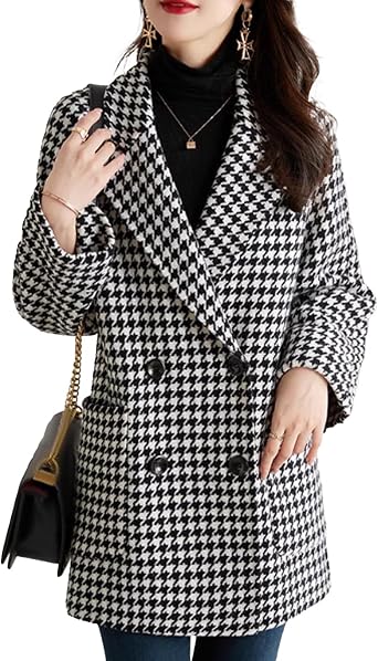 SOMTHRON Womens Houndstooth Blazer Jackets Double Breasted Notch Lapel Trench Coat Peacoat Plaid Overcoat
