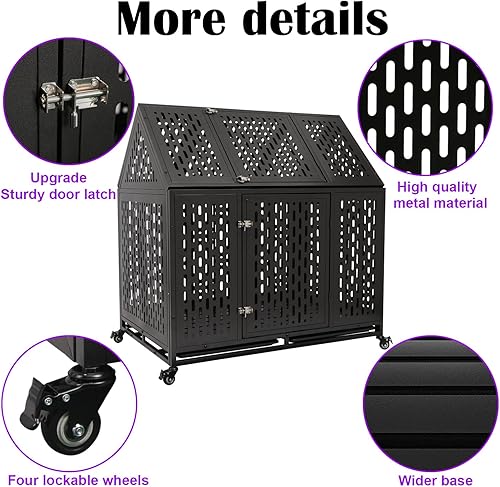 Miniatura 4 de Jaula indestructible para perros de 44 pulgadas, resistente y de alta ansiedad, a prueba de golpes, jaula de techo puntiaguda de metal para perros