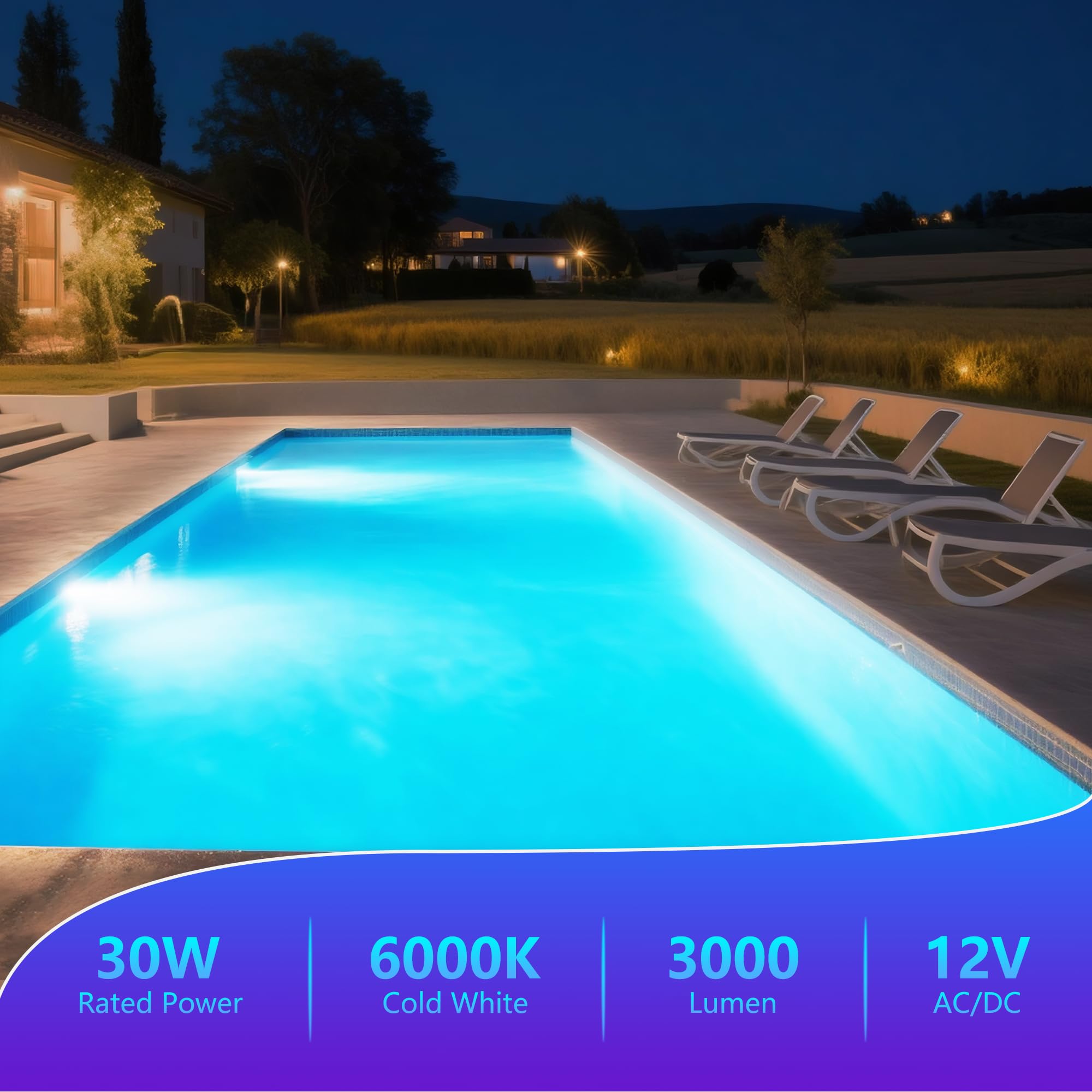 30W Fari LED PAR56 per Piscine, Lampada Piscina Non Dimmerabile 3000lm, Luce Piscinas IP68 Impermeabile Riempito di Resina per Piscinas in Cemento, 12V AC/DC, Bianco Freddo