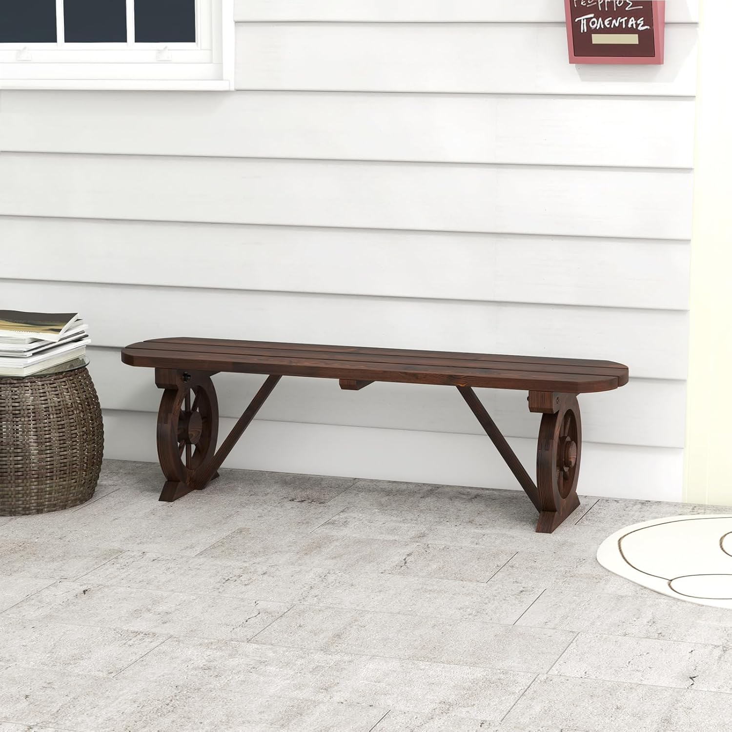 Giantex 2-Person Wooden Outdoor Bench with Wagon Wheel Legs, Slatted Seat, Rustic Country Design, 710 Lbs Weight Capacity, Patio Bench for Porch, Lawn, Backyard, Park, Garden, Brown (47”)