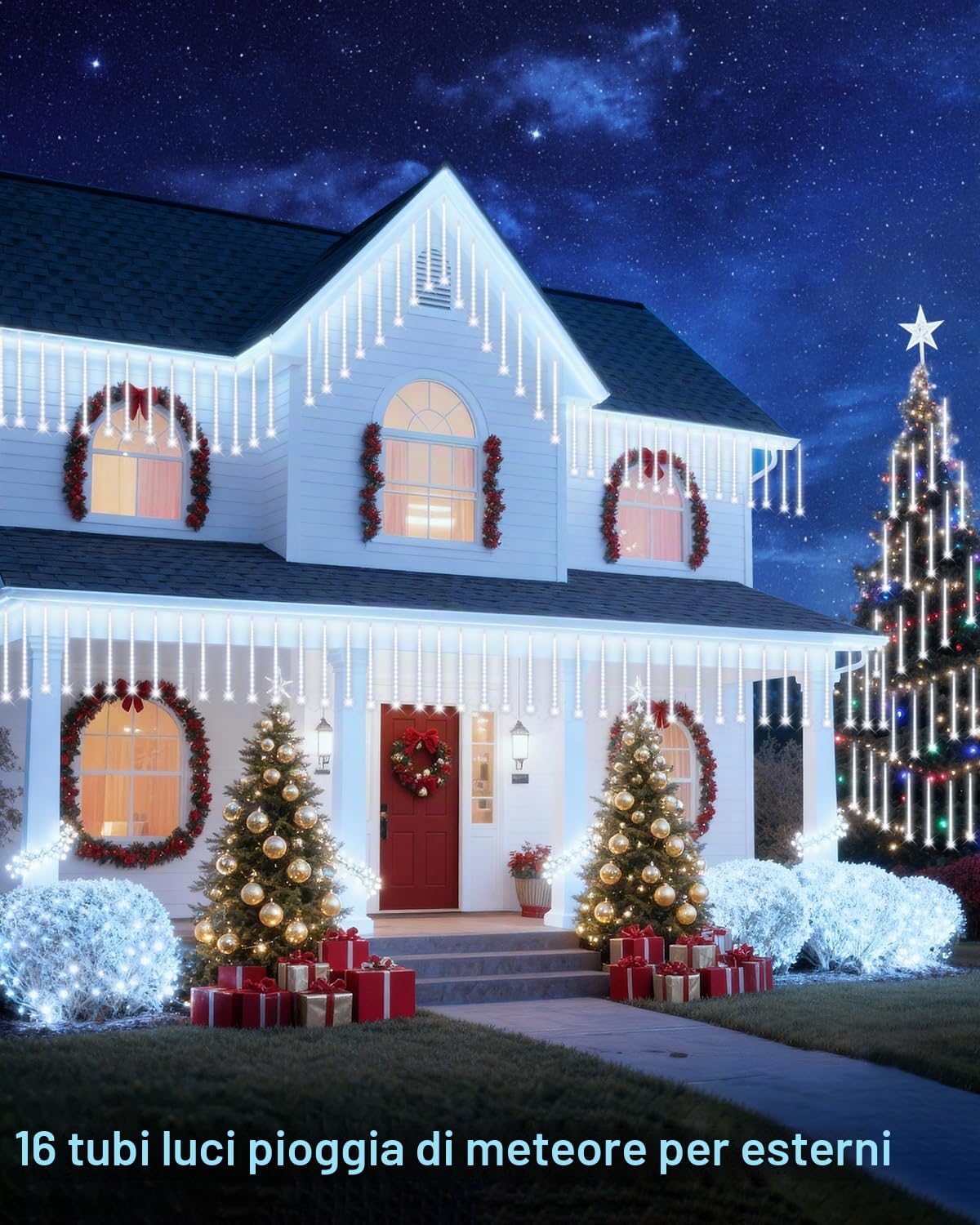 PEMOTech Luci natalizie per esterni, 16 tubi 576 LED da 16 pollici, luci per doccia meteorite all'aperto, luci impermeabili a ghiacciolo, Luces Navideñas para Exteriores, bianco, 15,2 m per albero di