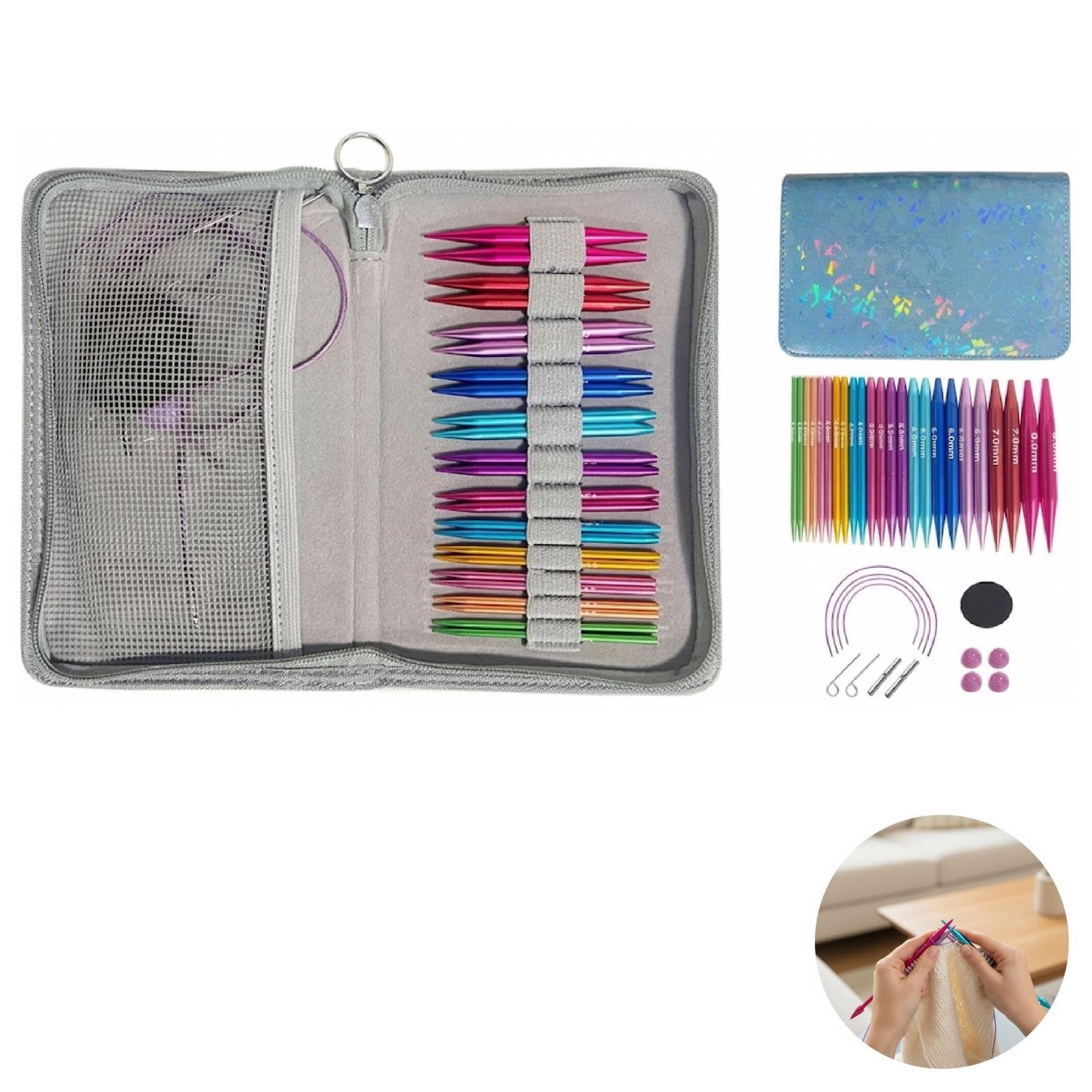 Abnehmbare Rundstricknadeln-Set, 13 Aluminium-Nadeleinsätze, 4 austauschbare Schaftlängen, mehrfarbig, 2,0 bis 8,0 mm, abnehmbare Köpfe, passend für Pullover & Schals, mit schmalem Aufbewahrungsbeutel
