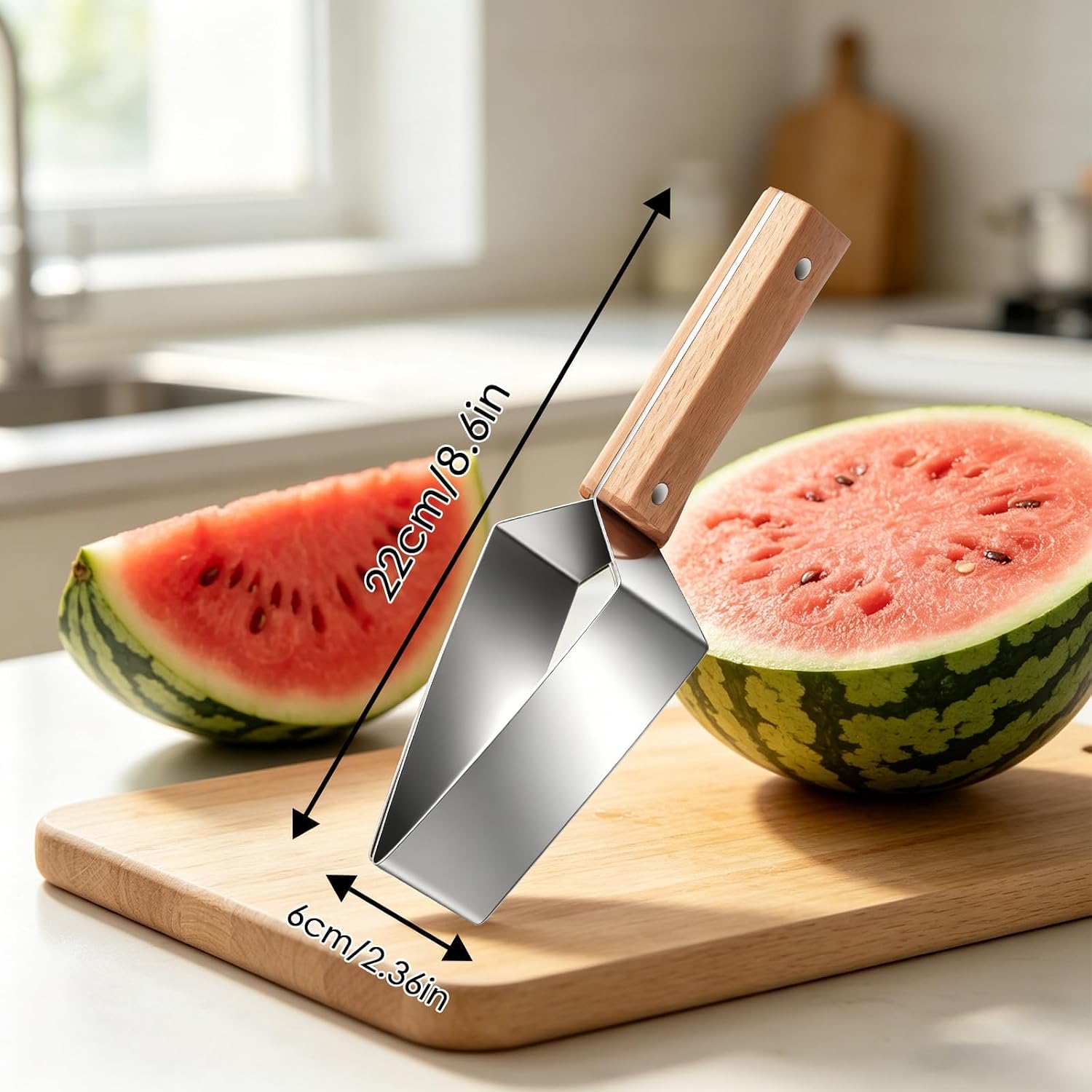 Stainless Steel Watermelon Slicer, 2026 New Triangle Watermelon Cutter with Wooden Handle, Watermelon Slicer Cutter Tool Kitchen Gadgets for Cantaloupe Melon Apple (2PCS)