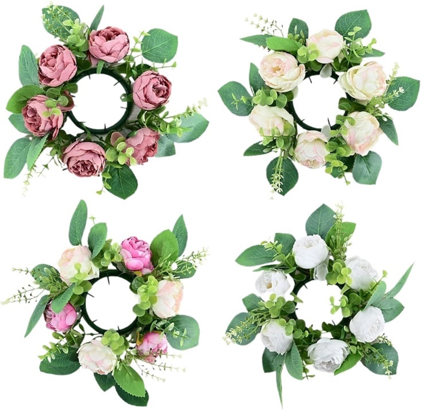 Candle Wreath 4 Pcs Flower Candle Rings Artificial Peonies Mini Wreaths Candle Holders for Tabletop Centerpiece Front Door Decoration for Home Decorations