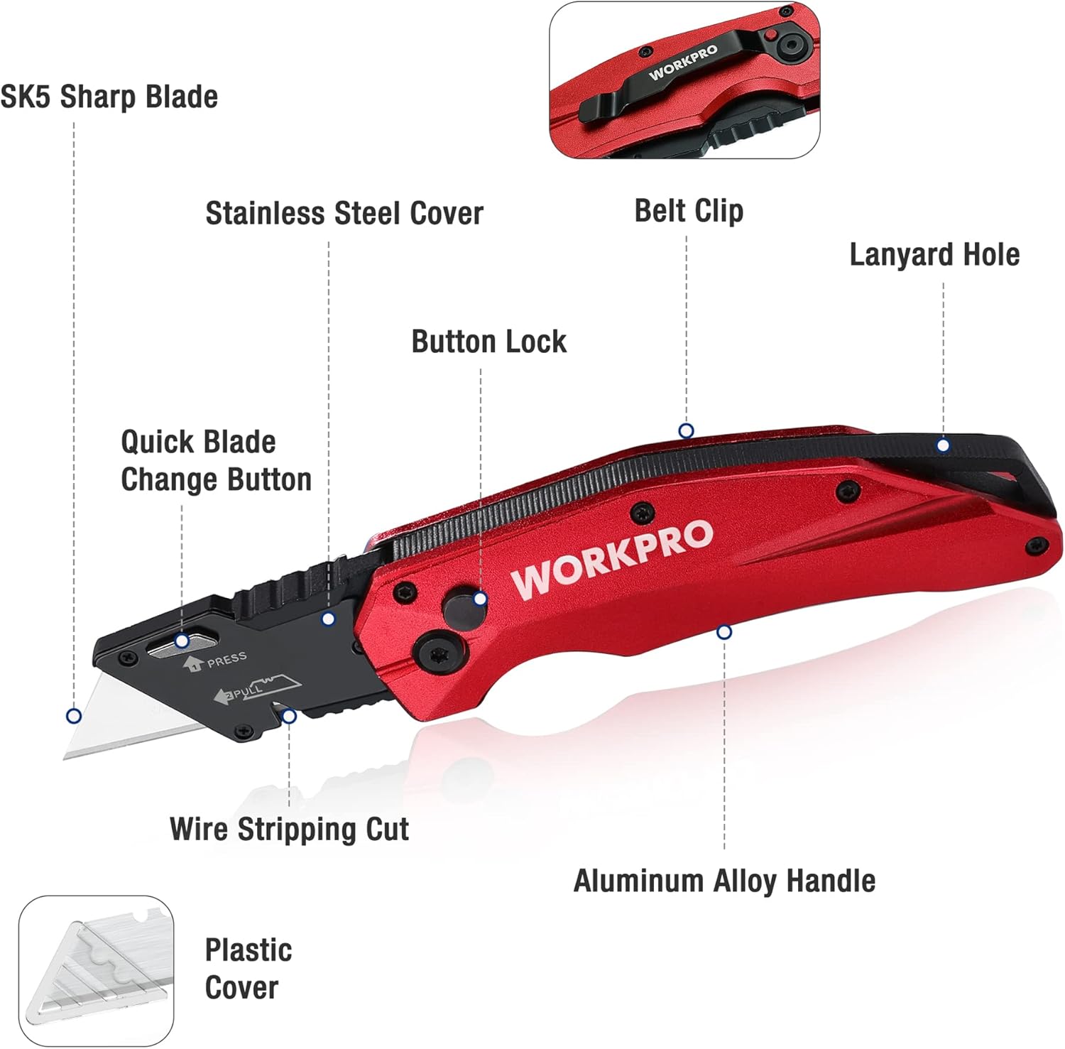 Diagram labeling key components of the WORKPRO Folding Utility Knife, including button lock, quick blade change button, and belt clip.