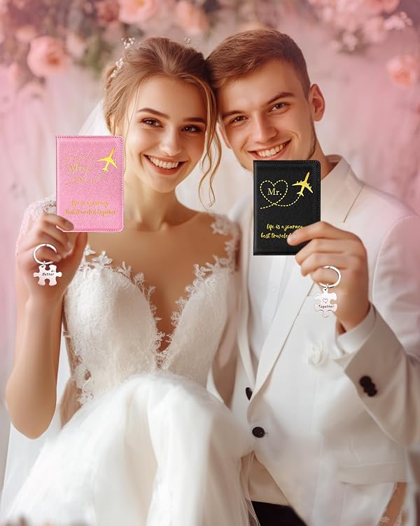 Slohif Mr. and Mrs. Passport Holder Lugguage Tag Set for Travel - Leather Passport Book Personalized Organizer Card Protector Sleeve Suitcase Cover Wallet Case Essentials Slim Carrier Pink Black by Slohif - Image 6