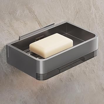 Soap Holder for Shower Wall, Carbon Steel Soap Dish Wall Mounted Soap Tray with Drawerable Bottom Tray for Bathroom, Kitchen Sink Grey