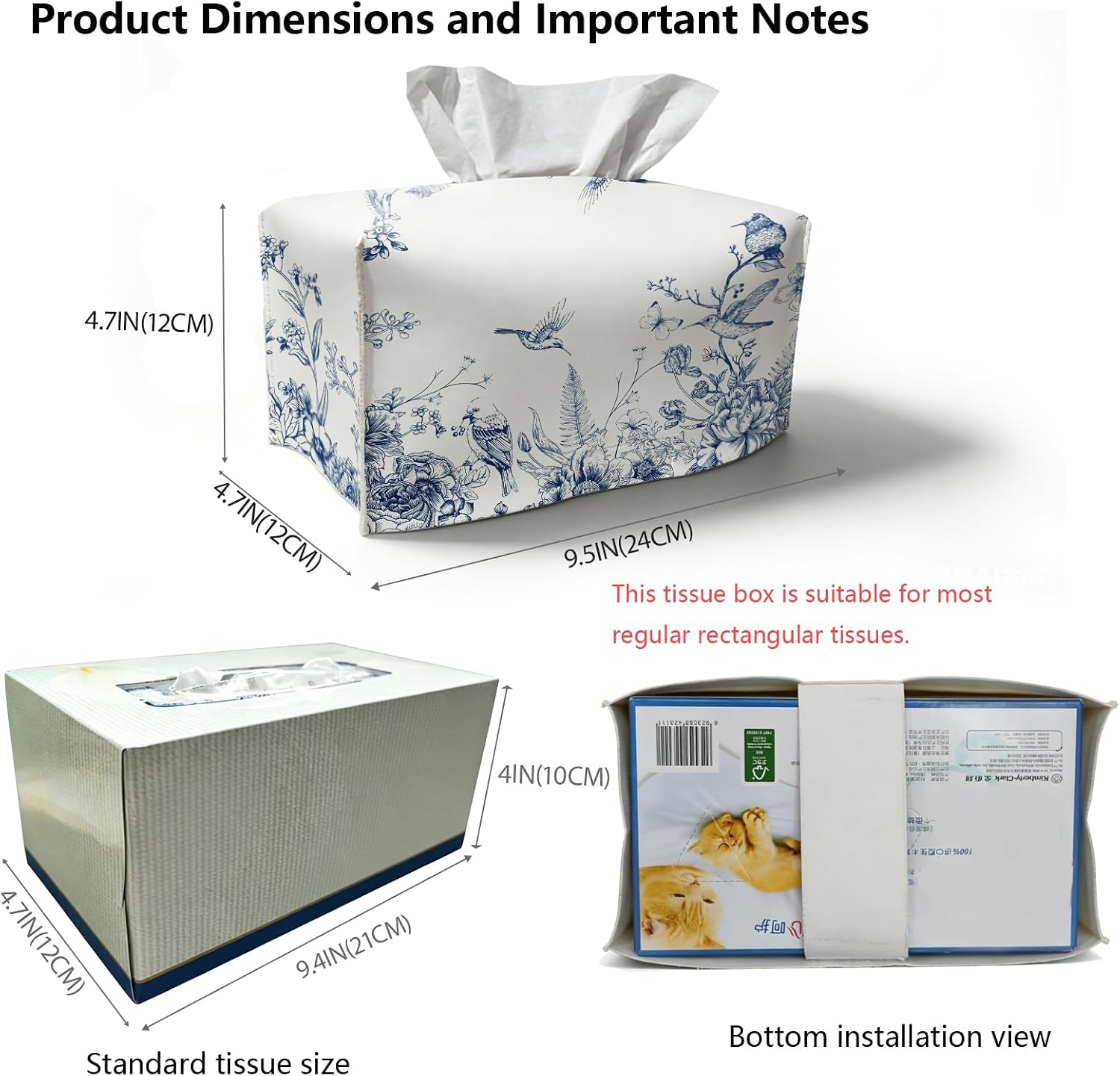 Blue White Bird Floral Tissue Box Cover Rectangle,Chinoiserie Flower Toile Tissue Box Holder,Vintage Decorative Facial Tissue Case for Living Room Bathroom Kitchen Office Desk,9.5x4.7x4.7In