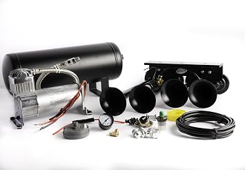 | Universal Fit | Very Loud 149dB Train Air Horn Kit Black Horns | 1.5 Gallon Tank | 150 PSI Heavy Duty Compressor | [V101C-3/003AB]