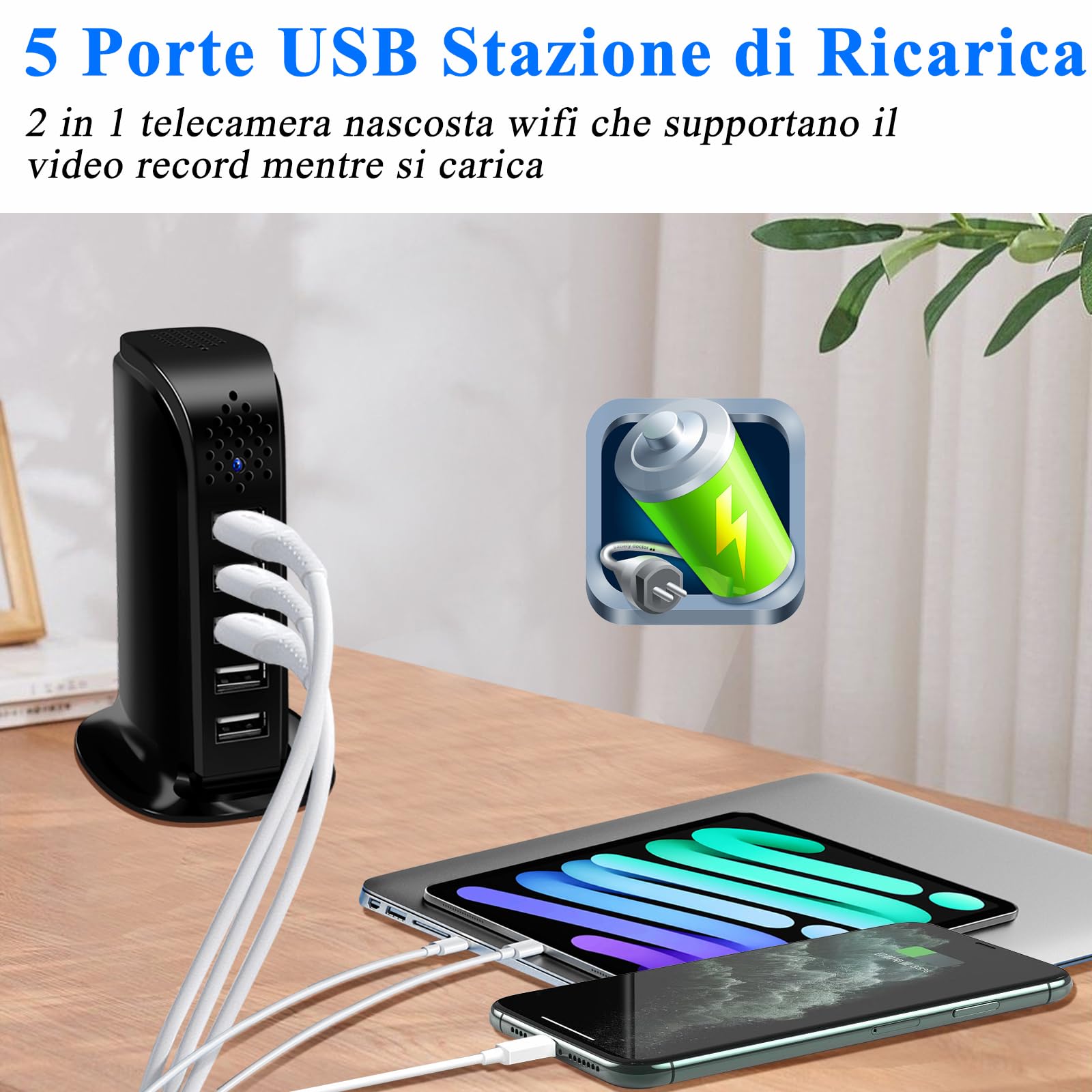 2.4/5G WiFi Telecamera Nascosta 5 Porta USB Caricatore WiFi Fotocamera HD 1080P Wifi Telecamera Spia, Mini Telecamera Spia Nascosta supporto di Rilevamento del Movimento e Vista Remota