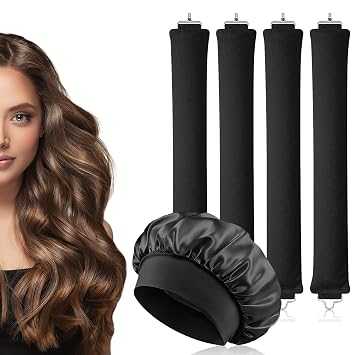 Heatless Hair Curler, 4PCS Heatless Curling Rod with Satin Silk Bonnet, No Heat Curls Overnight, Soft Rollers Hair Curlers to Sleep In, Flexi Curling Rods with Hooks Set for All Hair-Types Black