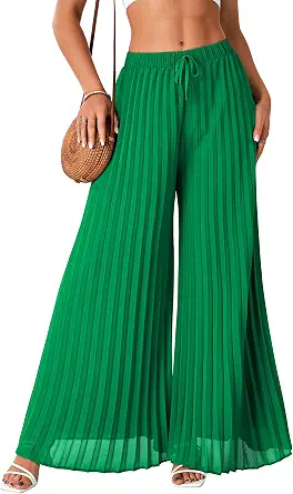 Women's Chiffon Wide Leg Pleated Pants High Waist Flowy Loose Casual Long Trousers